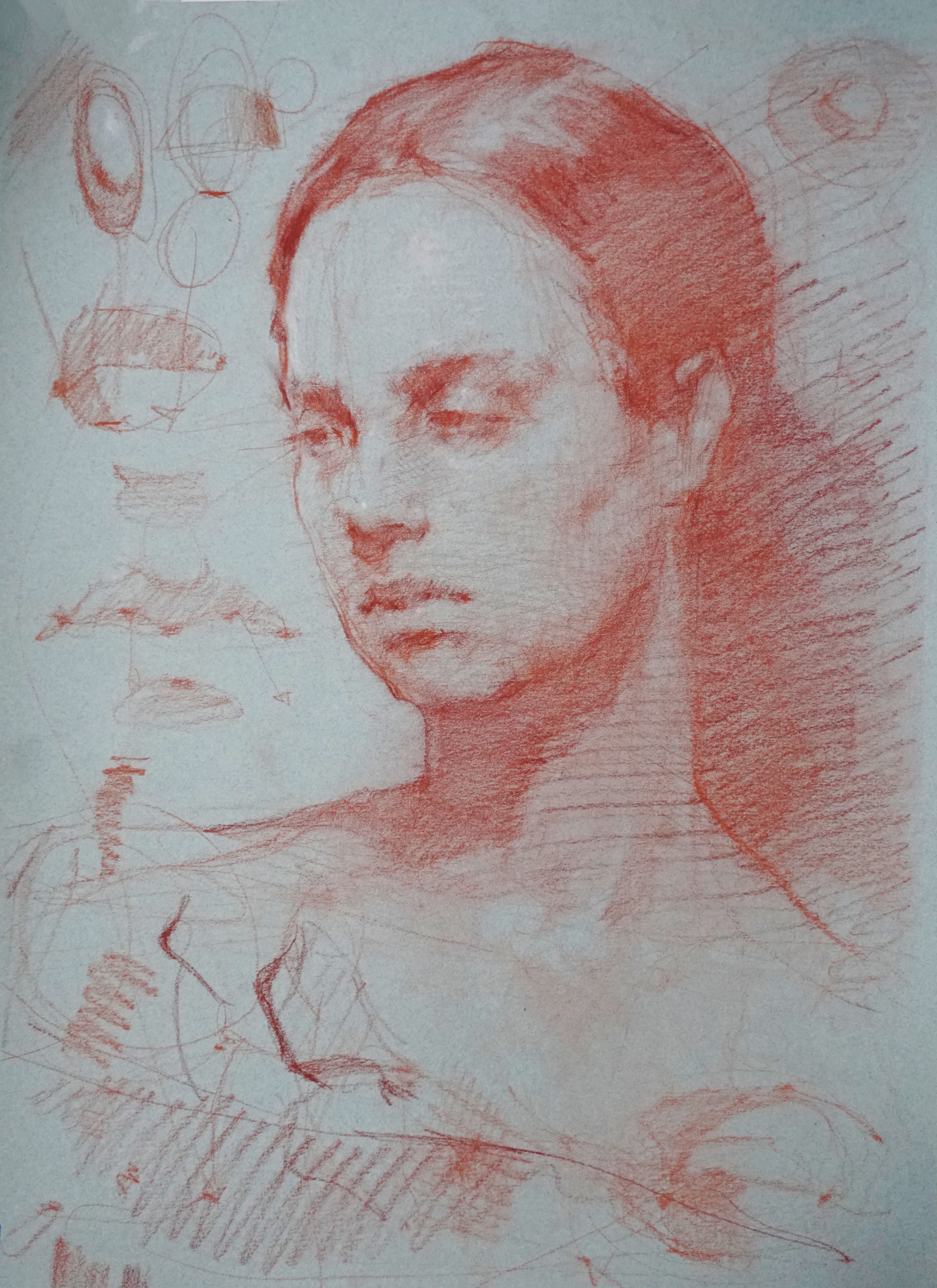 Boston Demo Emma Rose in Red, Red Chalk and Pencil, 14x19.5&rsquo;&rsquo;, SOLD