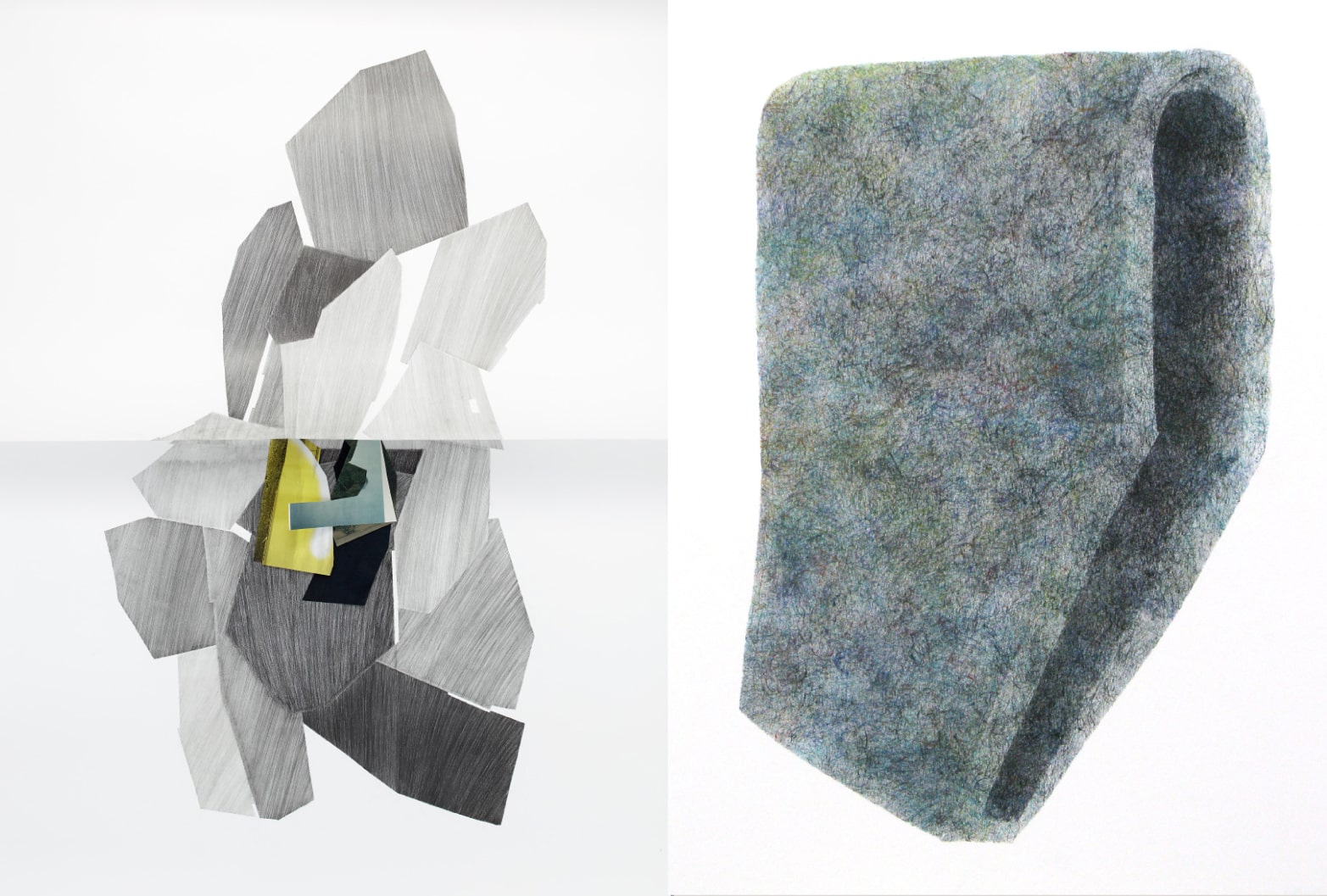 Gauche, Alexandra Sá, Units 3.2, graphite et collage sur papier Fabriano 190x155cm, 2017 - Droite, Jérémie Delhome, pastel à l’huile sur papier 30x40cm, 2020-2021