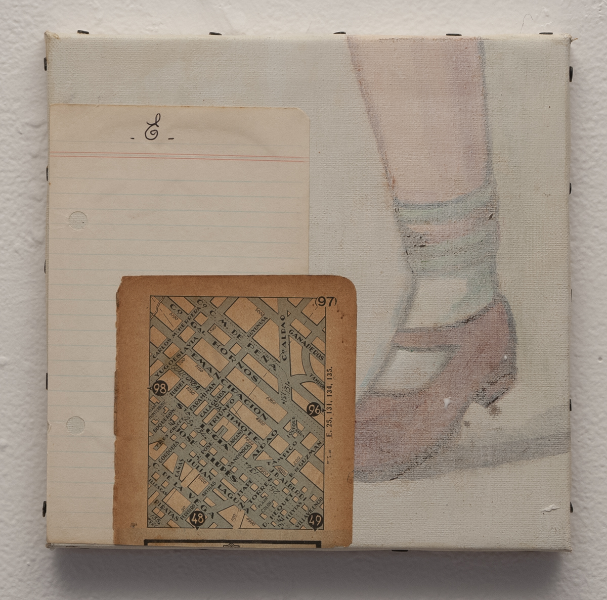 La E (reconsiderando), 2020  Found painting, intervention 8” x 8”