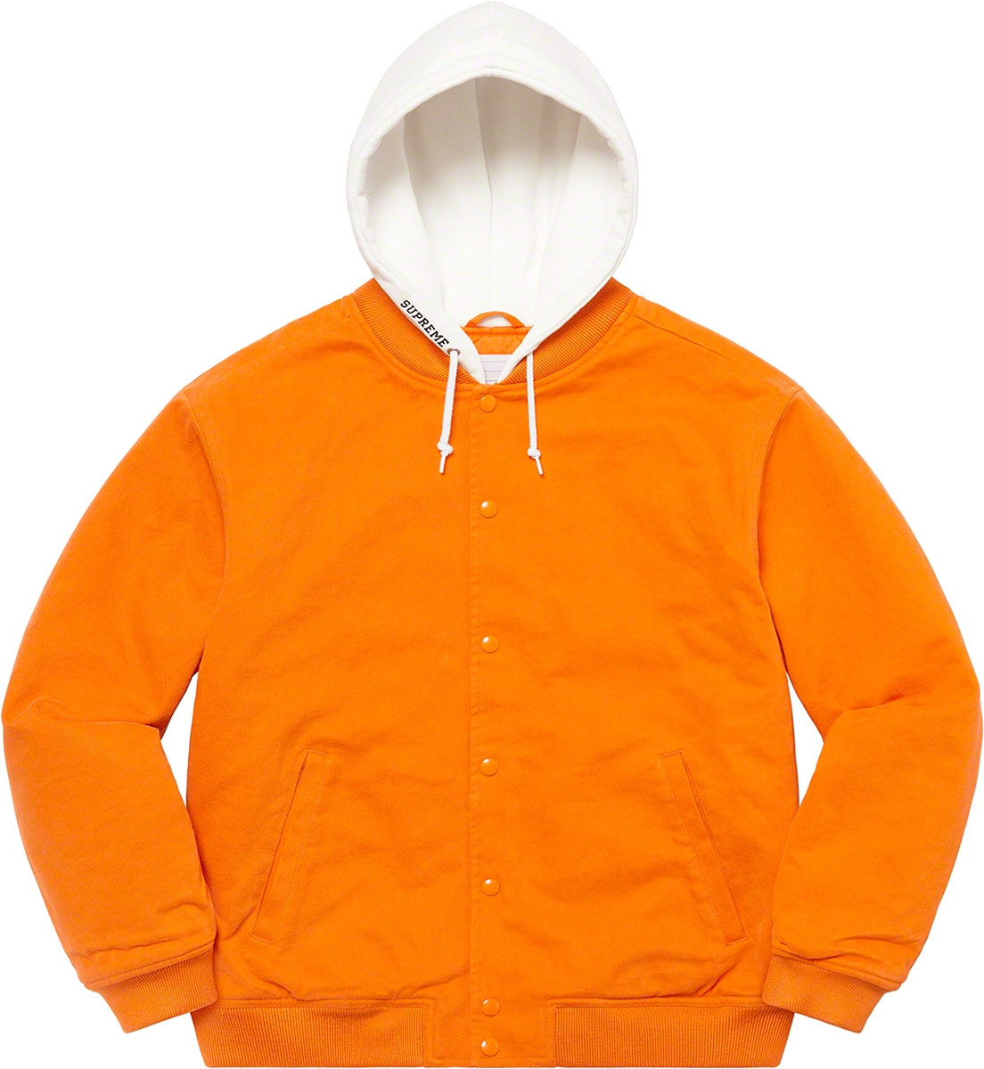 All cotton twill with fill and quilted taffeta lining. Snap front closure with welt hand pockets at lower front and interior chest pocket. Fixed cotton fleece hood with interior drawcord. Knit rib cuffs and hem. Embroidered logo on hood and logo appliqué at back.