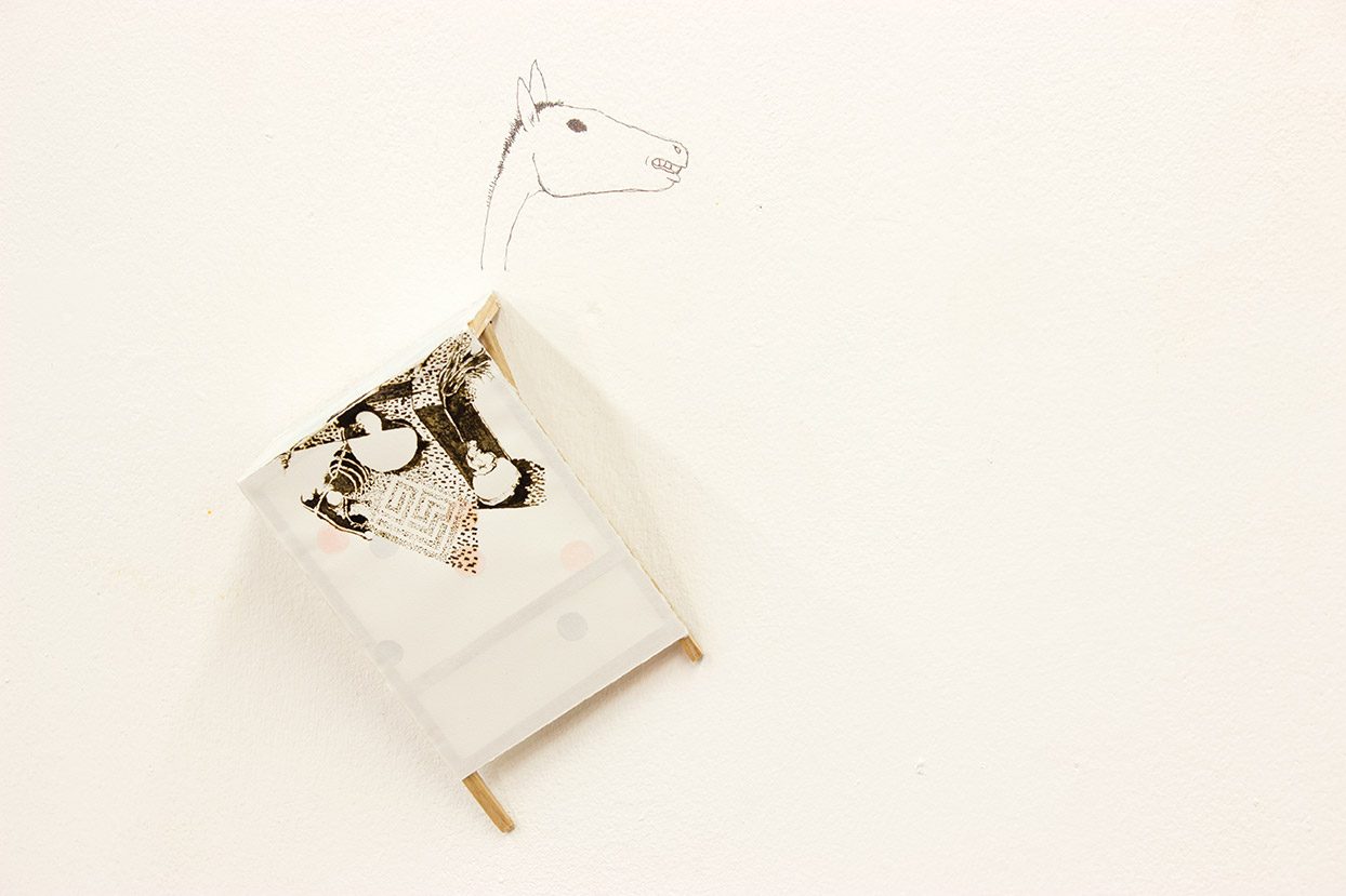 Horse, ink, wood, pencil, 10"x4"x3