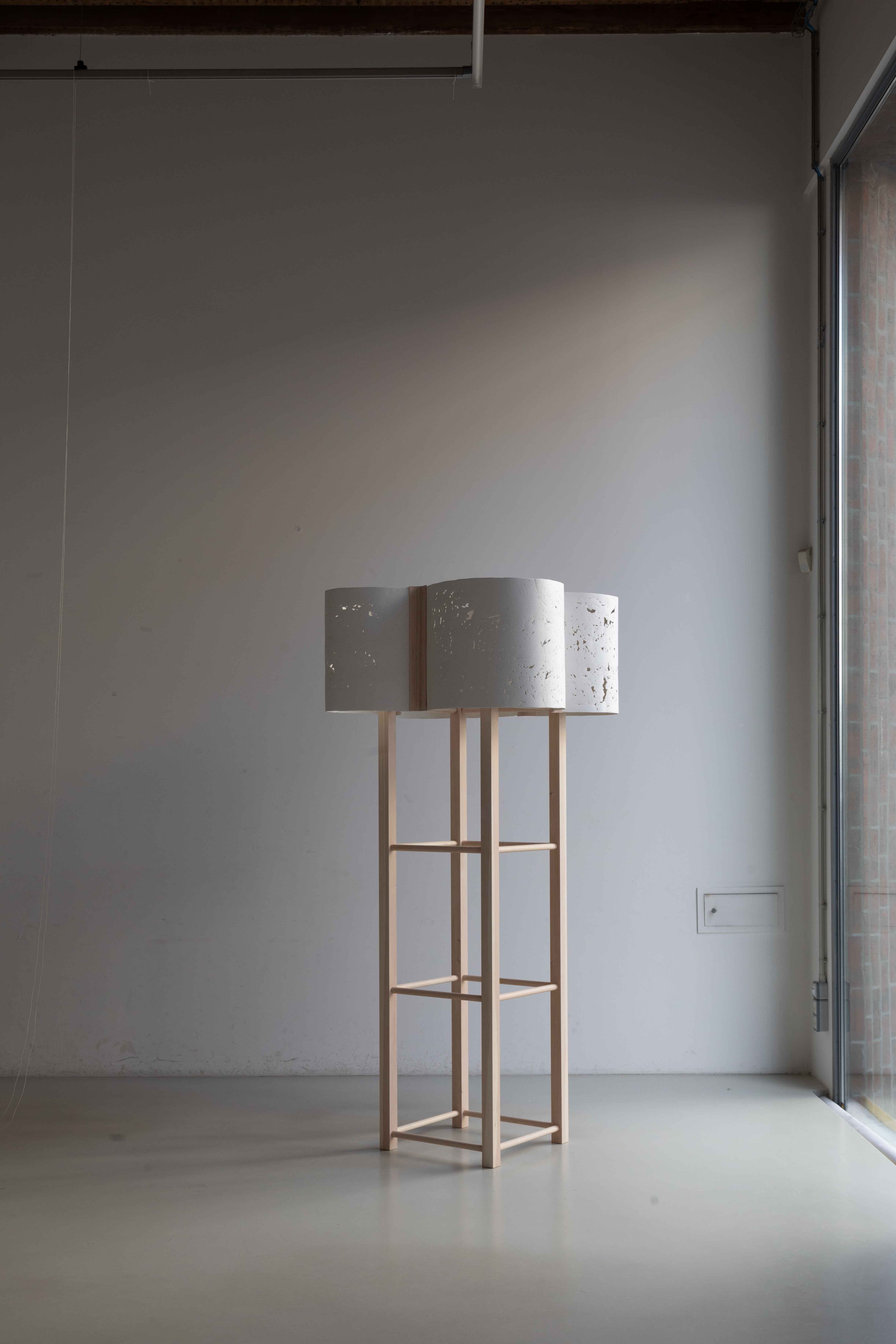 CPC SCULPTED LIGHT(2022) Chaud paper composite & pinus sylvestrisBrushed aluminium, borosilicate glass & LED Standing: W 85 x D 85 x H 217 cm Hanging: W 85 x D 85 x H 60 cm Request availability & information here