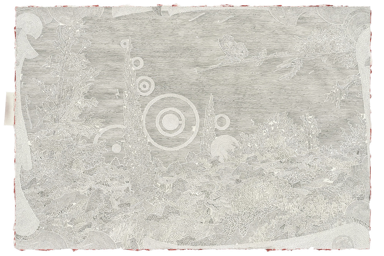 Fabrice Souvereyns,Not erased, red, index of unknowns, 2024, pencil and collage on paper, 26 x 37.7 cm, frame 41x51cm