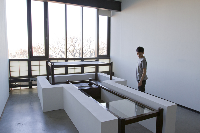 Untitled, variable size, wood, plywood, screen, glass, towel, water, stain, paint