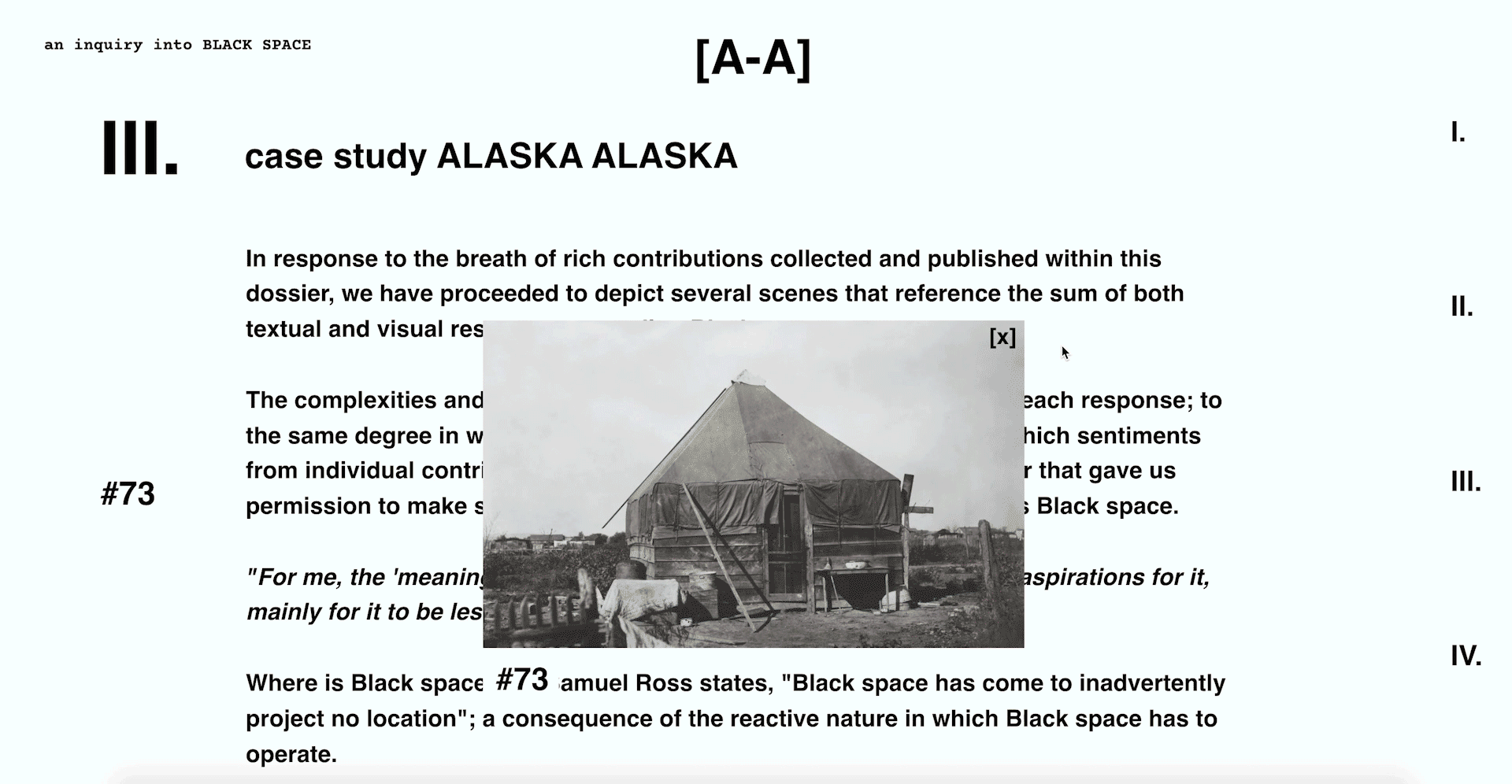 Microsite design that translated the print dossier and design Virgil Abloh and ALASKA ALASKA put together asking Black architects, artists and creatives to explore the meaning of Black space into a live website. 2020.