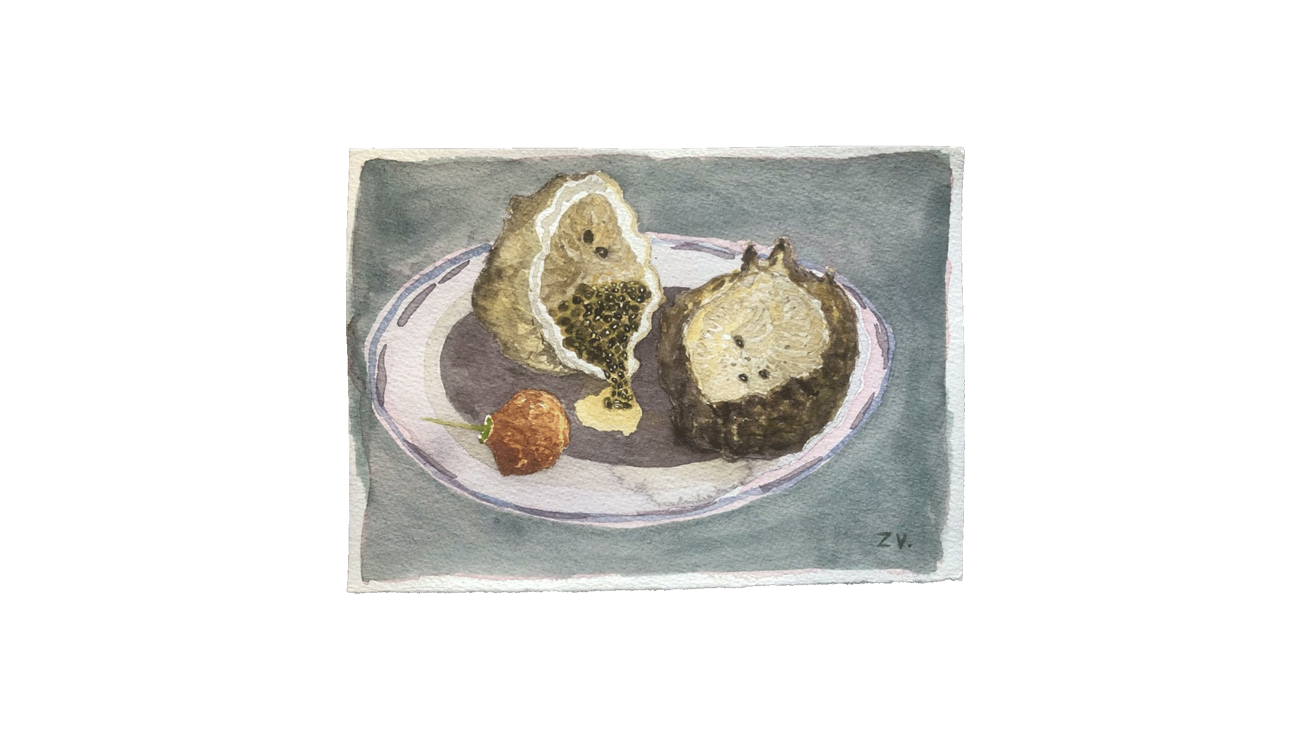 Maracujá com pimenta, da série Das tardes com D. Aquarela sobre papel, 15x21cm. 2021.