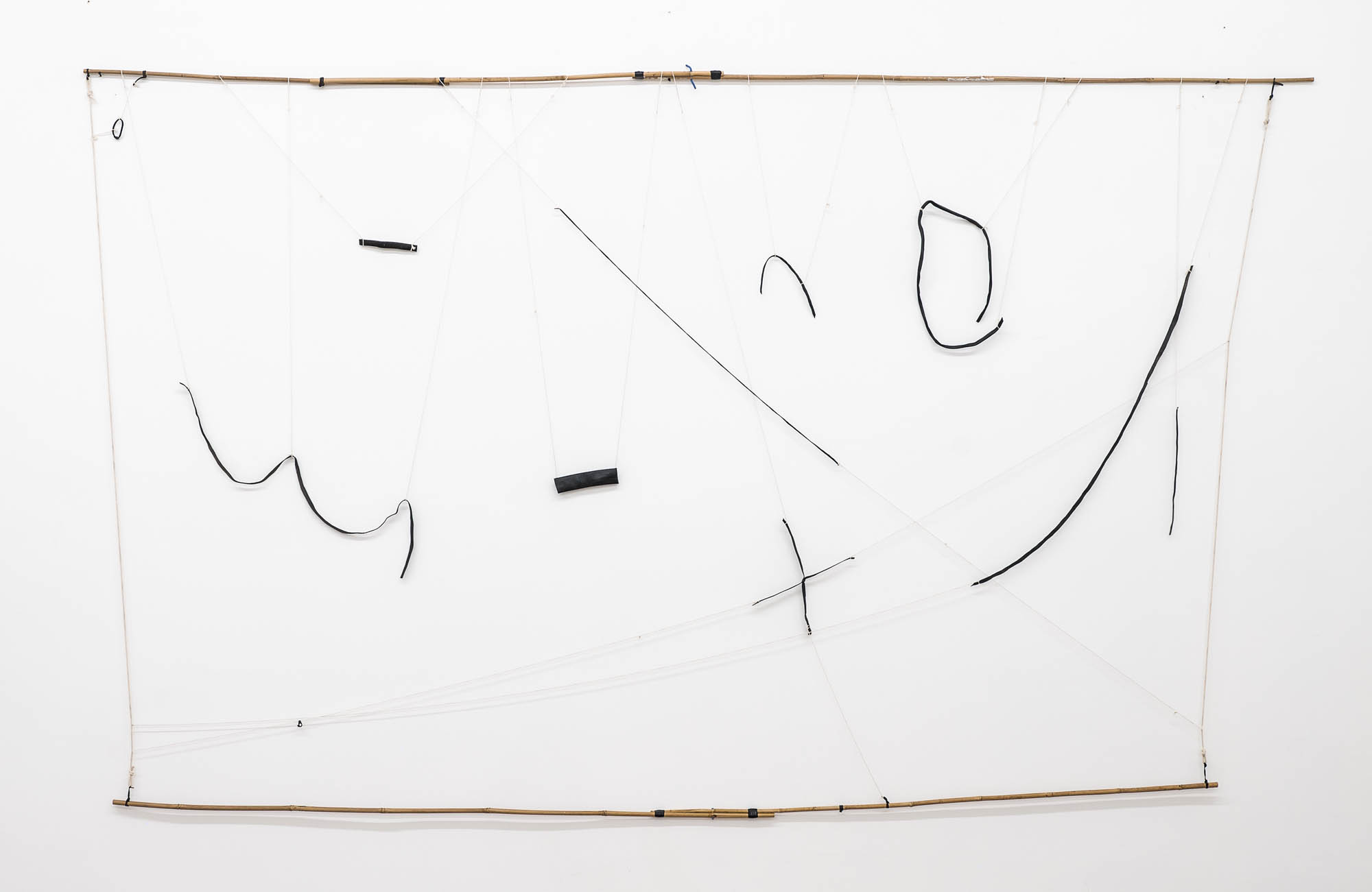 Jared Ginsburg, Hanging Drawing I (2017-18) | Bamboo, rubber, string, silicone, wooden box with clasps, foam; 200 x 360 cm; 23 x 23 x 200 cm (box)