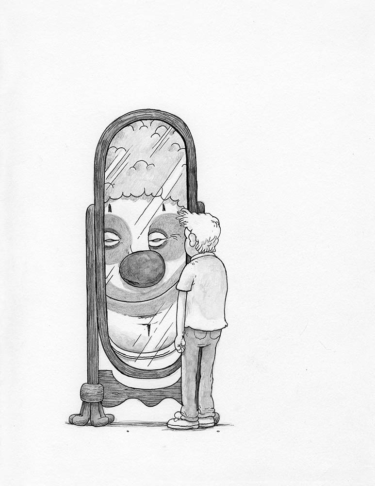 Travis Millard, Clown Reflection, 8.5 x 11 in., Ink and graphite on paper, 2018, $500