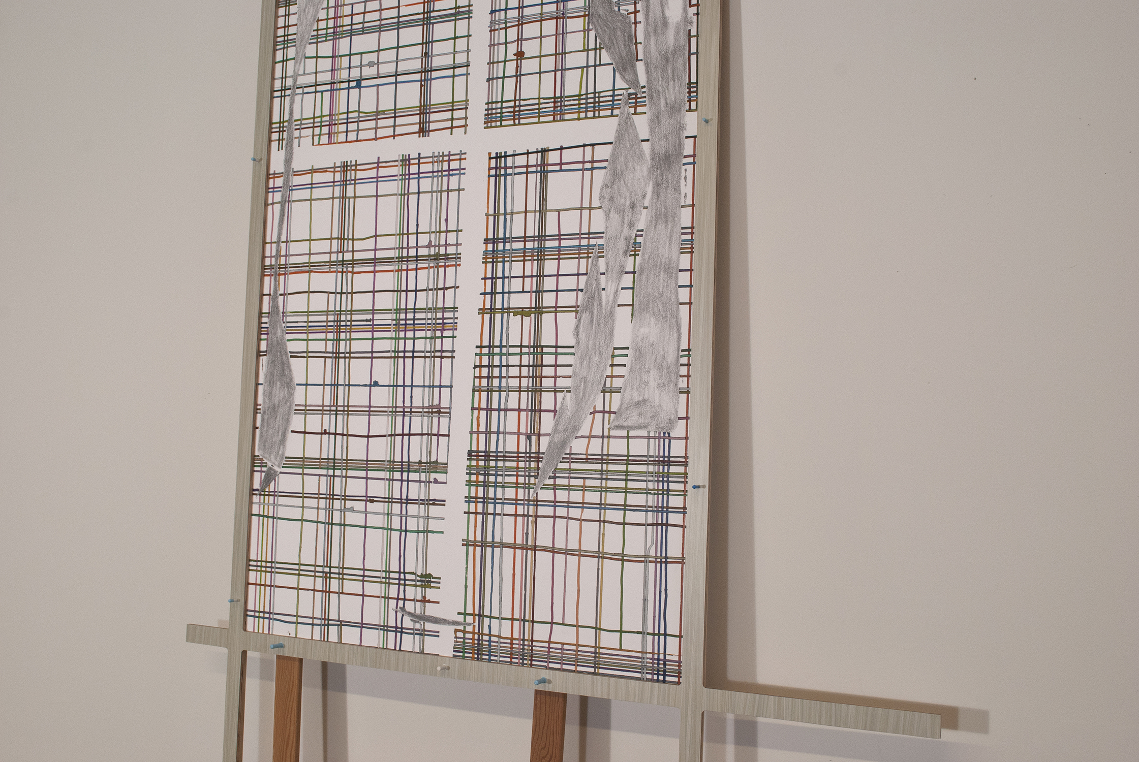 the basement jubilee  Ink, graphite and colored pencil on paper. Formica and wood.  2011 - 92 x 32 x 2