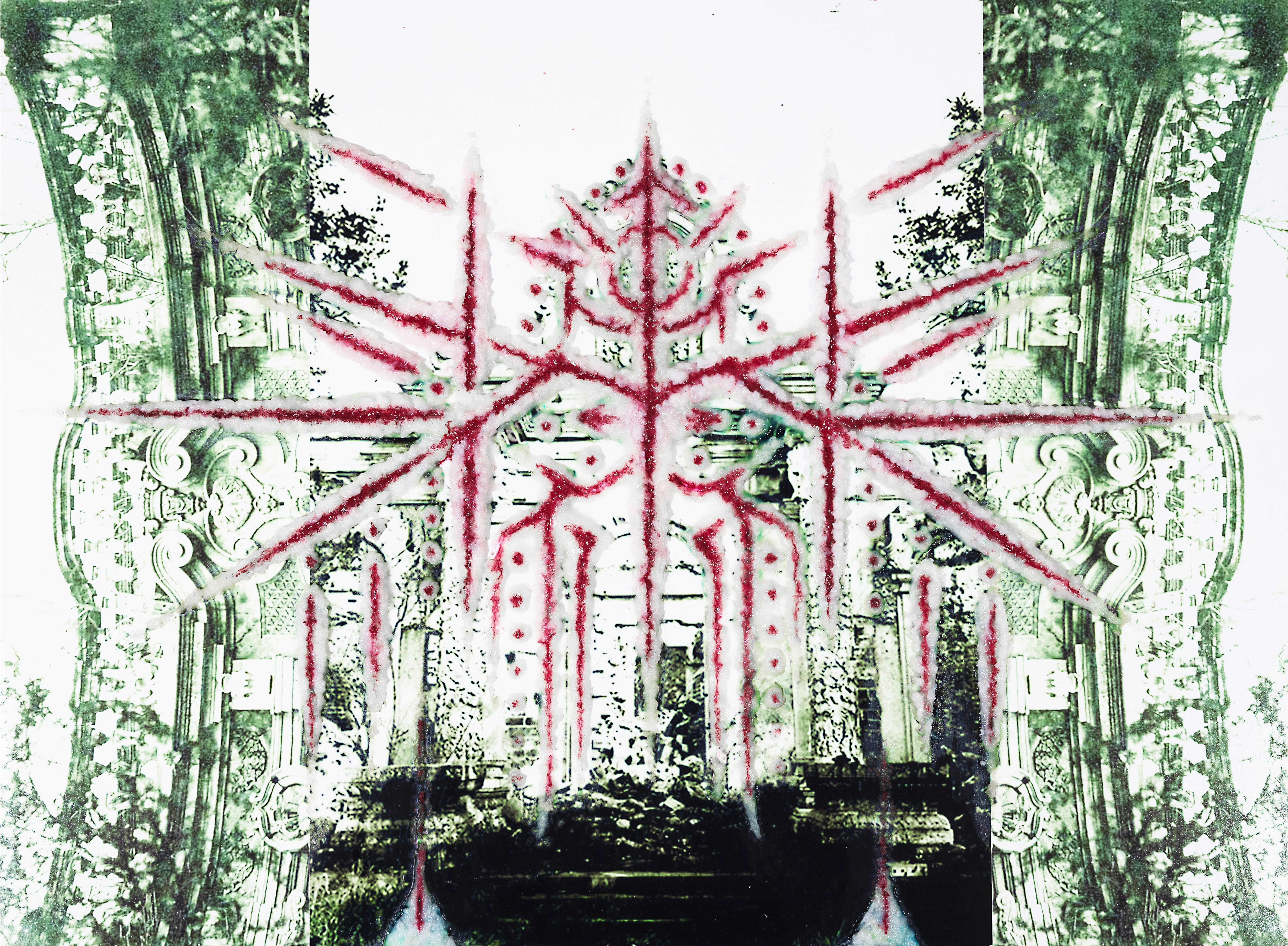 Wound Pattern #1. Photograph of Image Collage Overpainted with Rice and Ink. 70*51.5 cm. 2023.