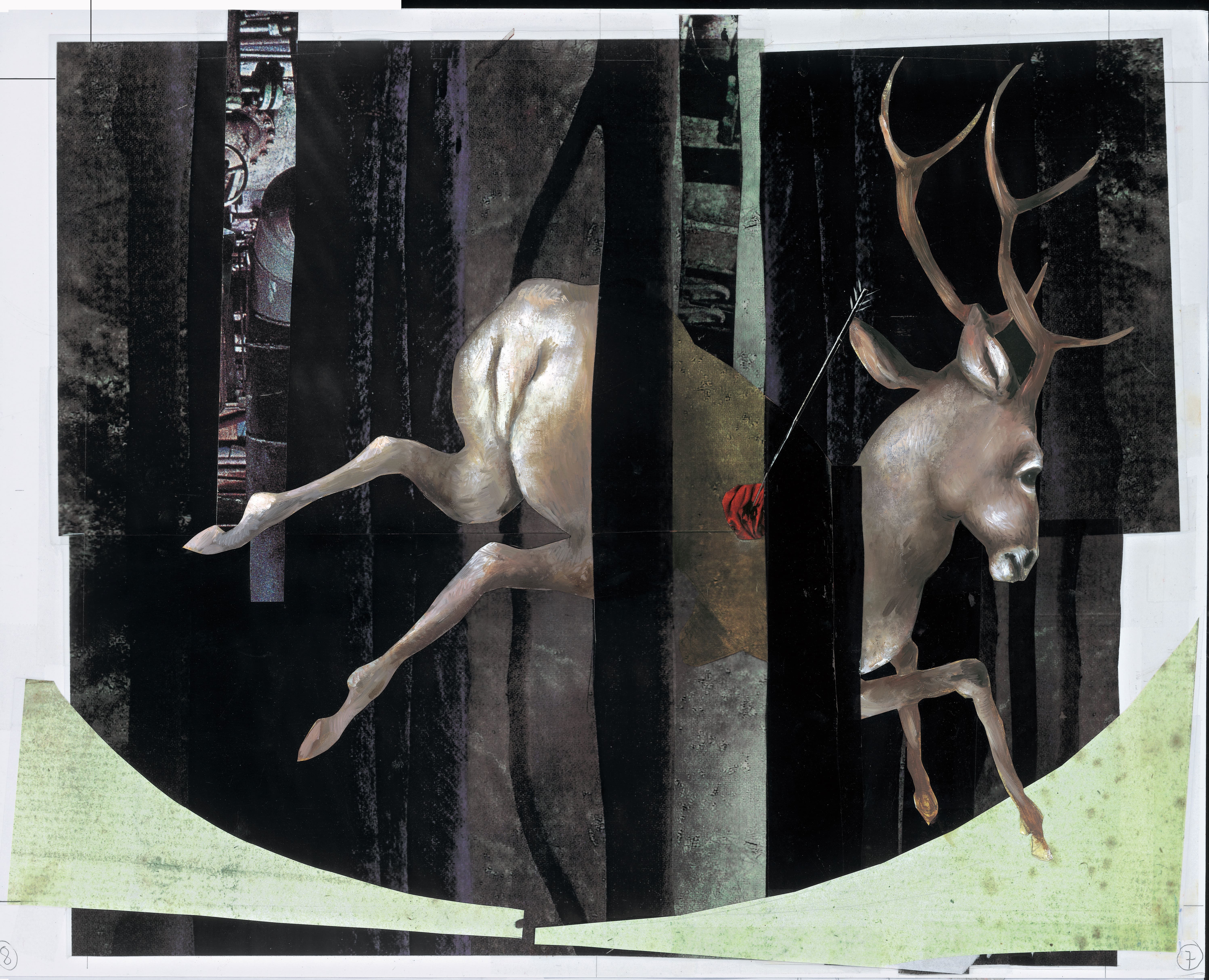 In front of a big forrestOil paint on paper, collage with photo material, 45 x36 cmSerie: Hansel and Gretel/Text: The Brothers GrimmEditions Être, Paris, Publisher: Hinstorff Verlag, Rostock, 2007