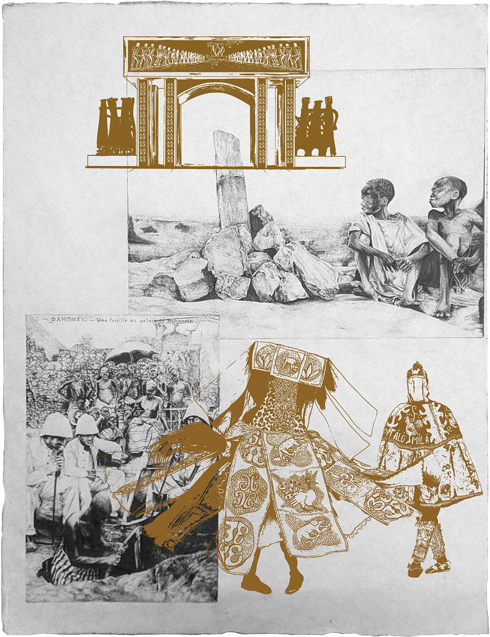 Les Soeurs Chevalme Hors Champ 20, 2024 Dessin au feutre noir et dessin superposé en sérigraphie saupoudré de paillettes dorées sur papier japonais Mingeshi 65 x 50 cm  Courtesy des artistes et de la Galerie 8+4