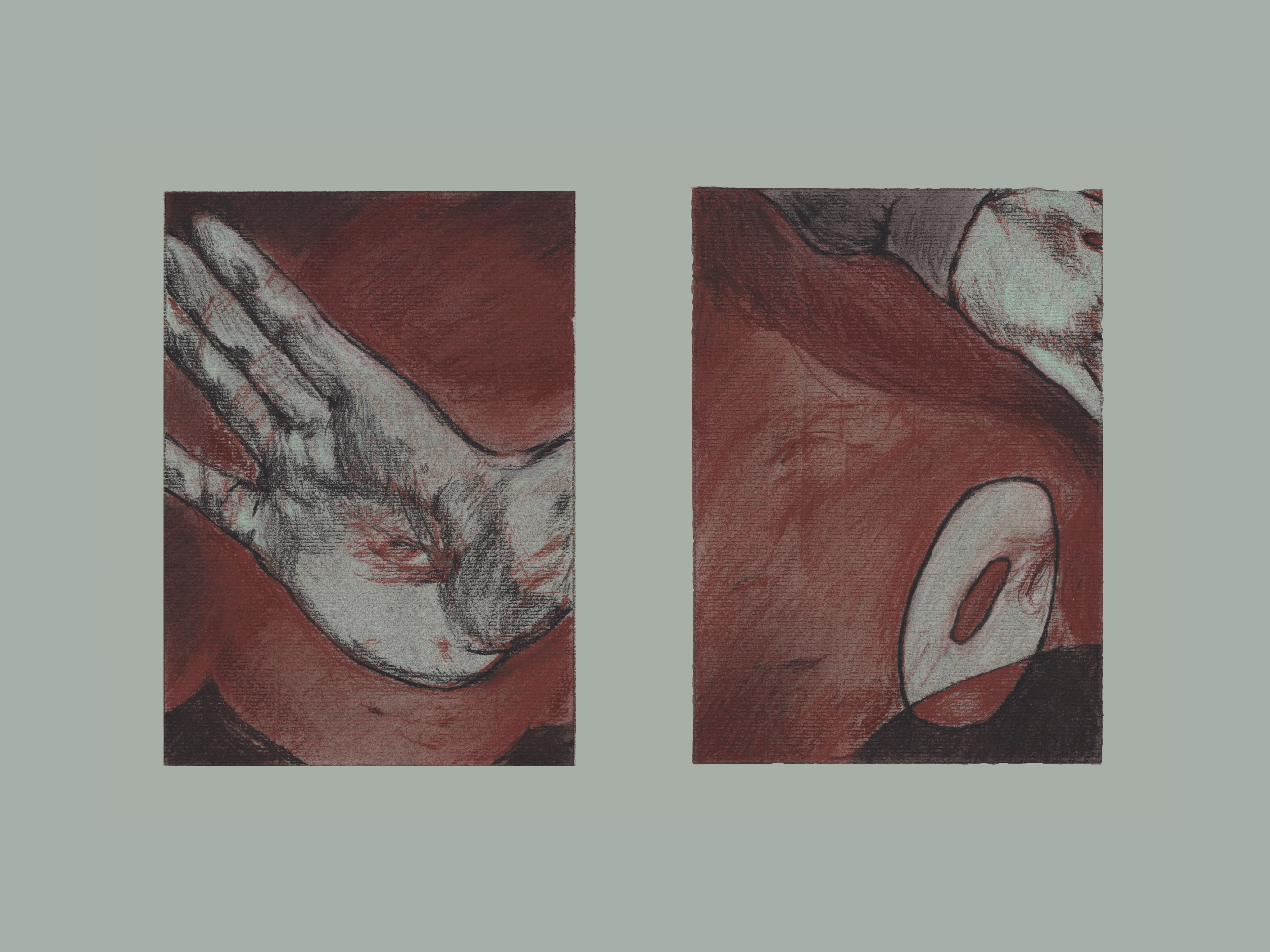 untitled (2023.) dyptch,  soft pastel and cont&eacute; crayon on ingres paper approx 6" x 7" ea.