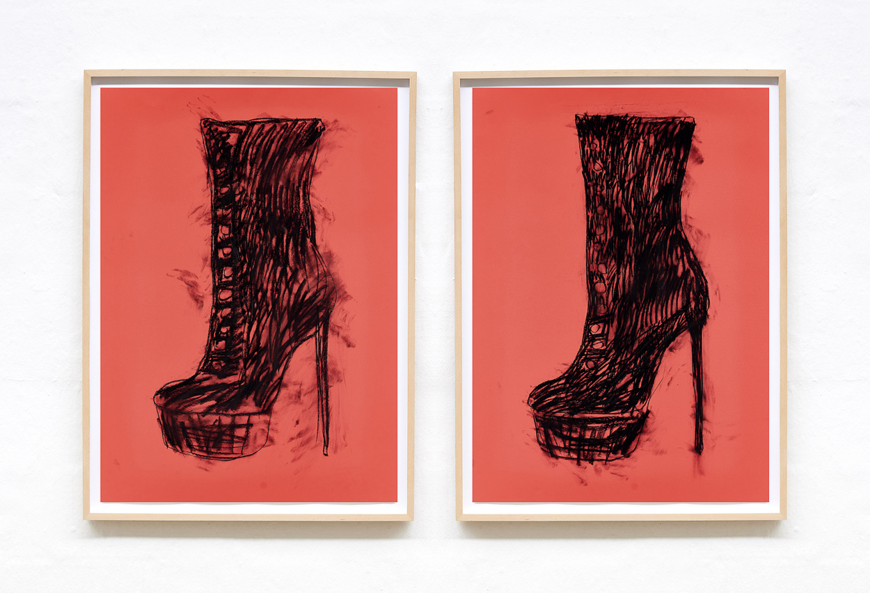 Red Boots, 2020. charcoal on paper. 90cm x 65cm each