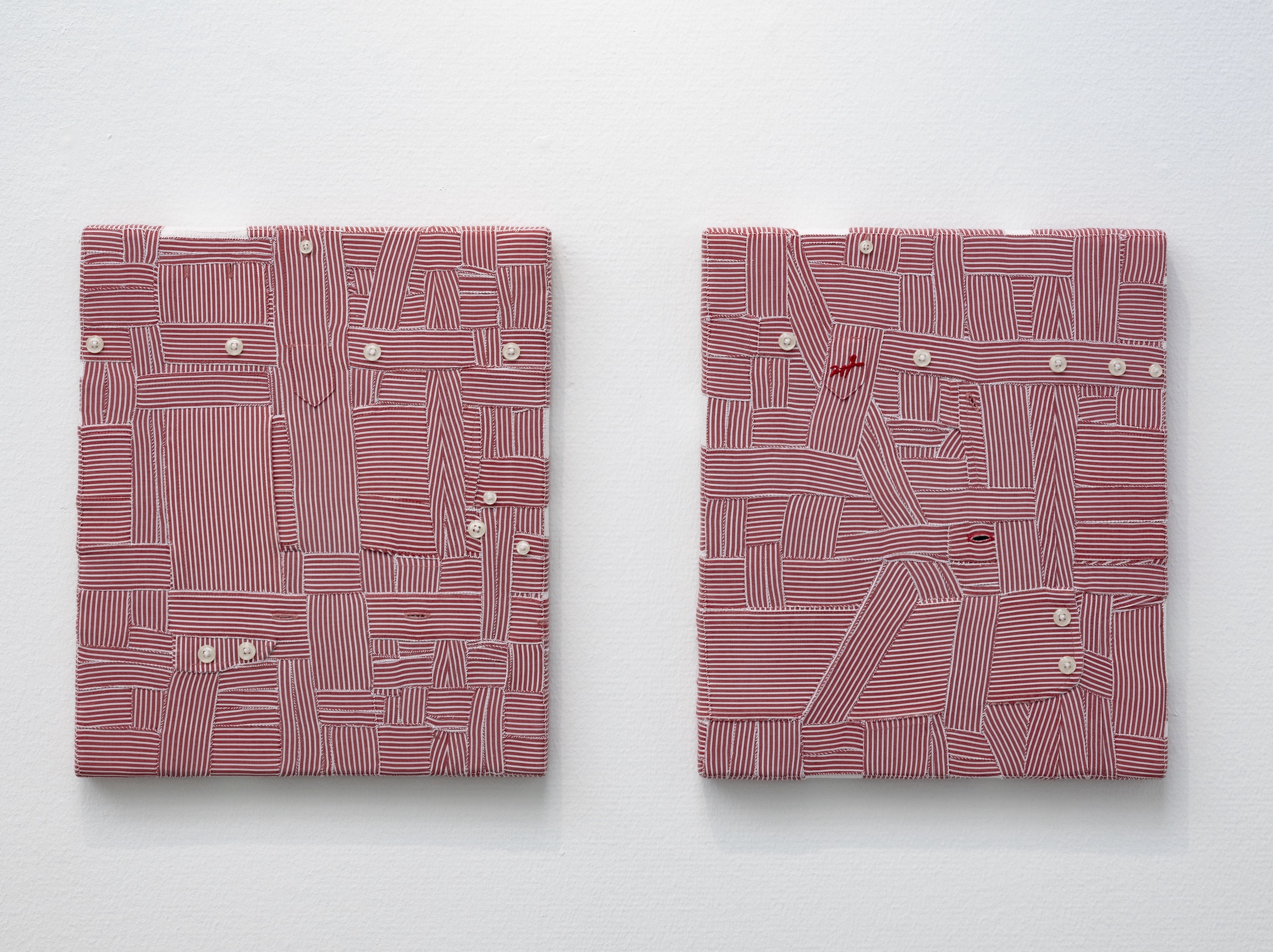 Deusni (First Love), 2023 . Deconstructed men’s shirt hand stitched over a wooden stretcher . 35 x 30 cm (each)