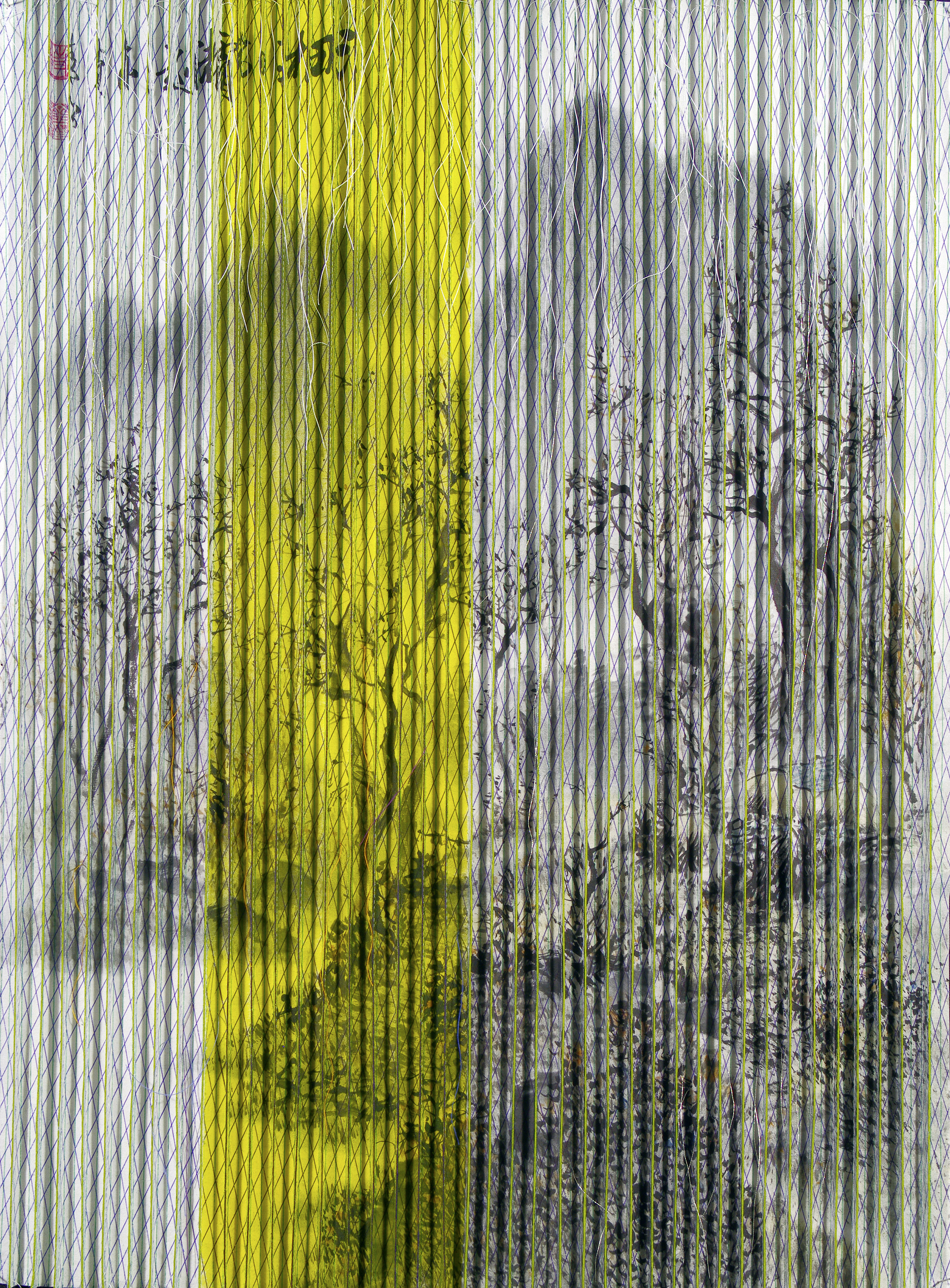 Exercise for Variability / Found object, landscape painting, ballpoint pen & thread, 47*64,5cm, 2019