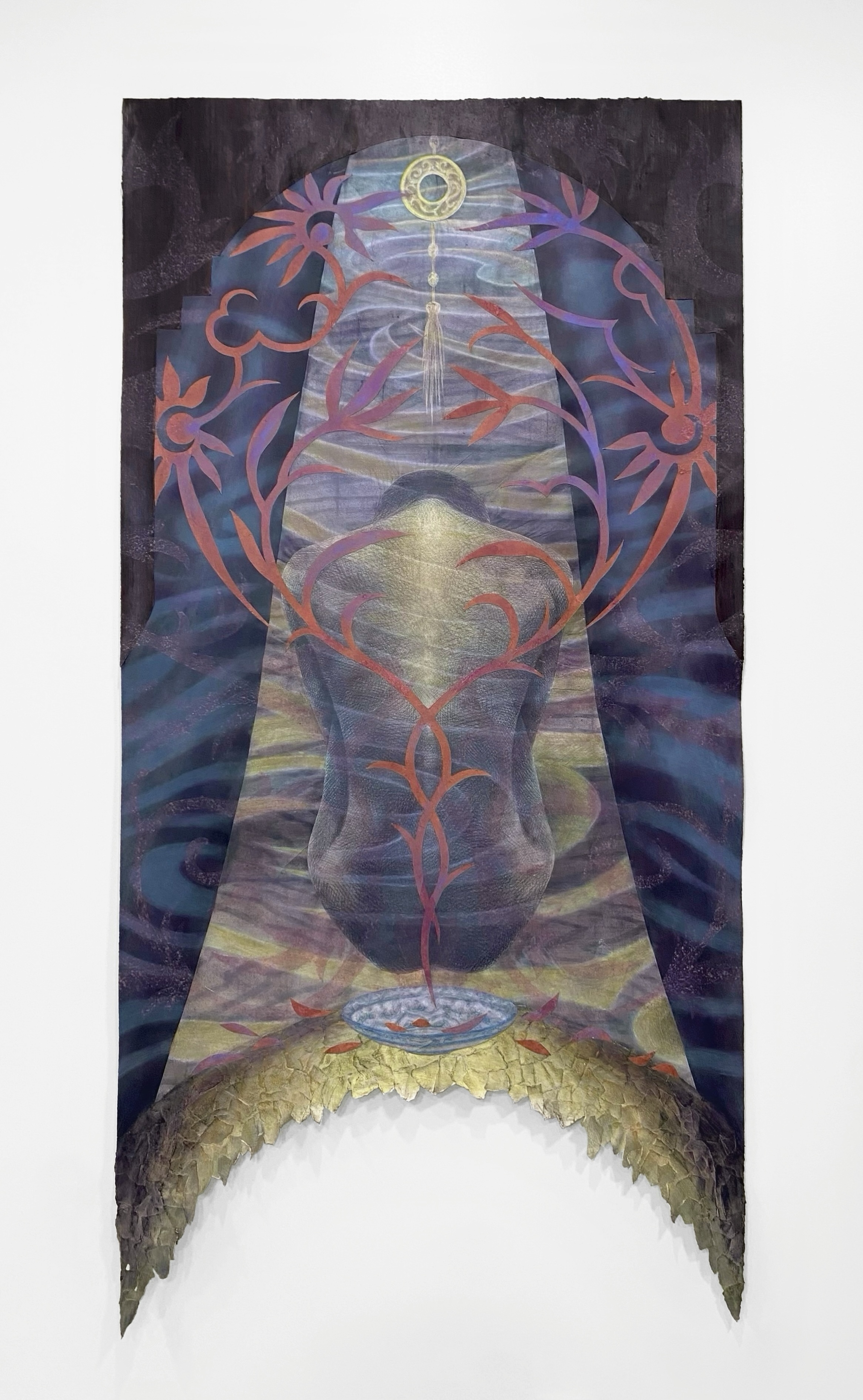 born in undertow, 2025, 60.5" x 31", mixed media and collage on paper