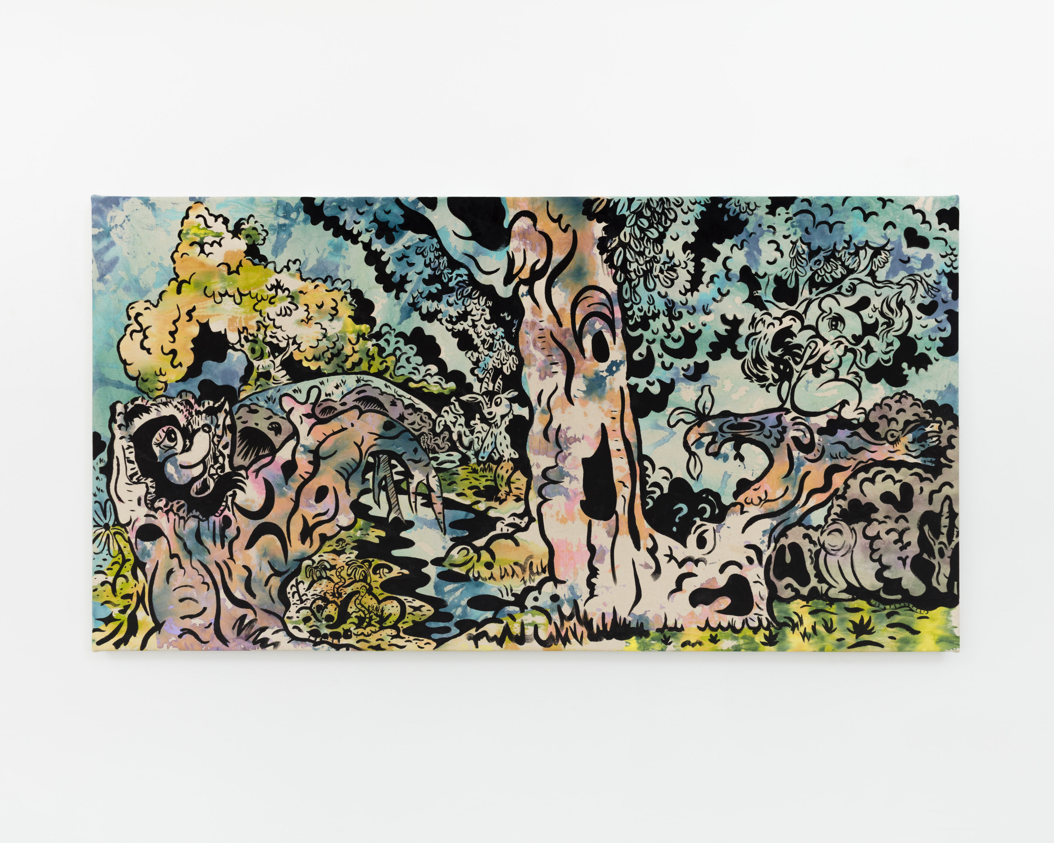 Parting Glances   2022   Acrylic, PVA on tie dye canvas   33” x 63”