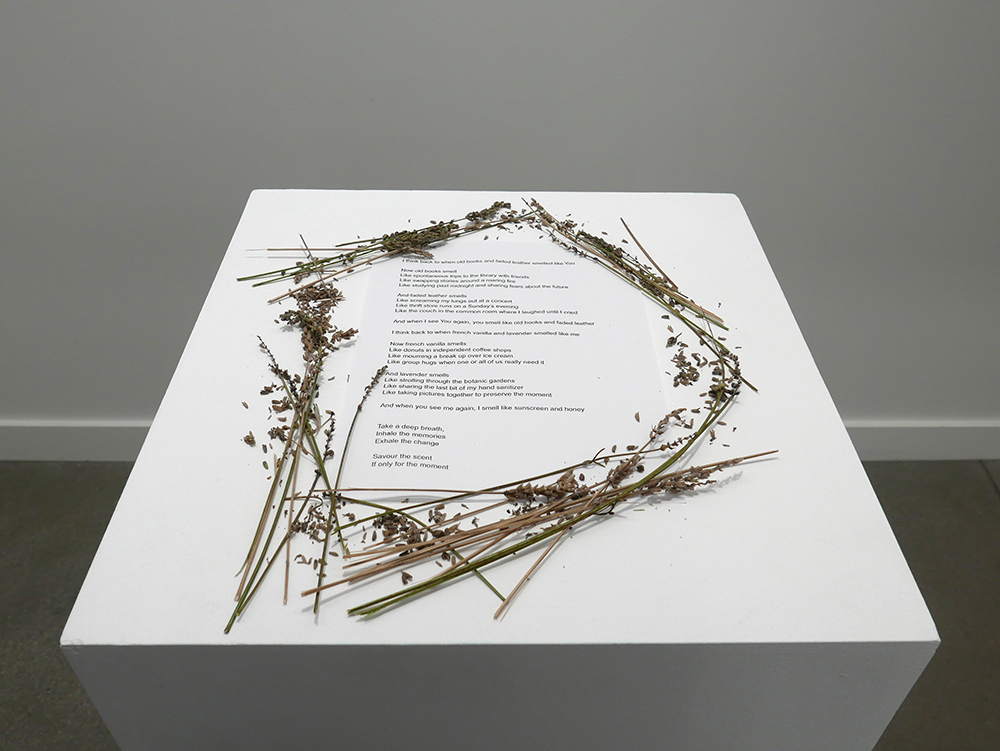 View of an artwork in a gallery. A text-based work, with dried lavender, is placed on a pedestal.