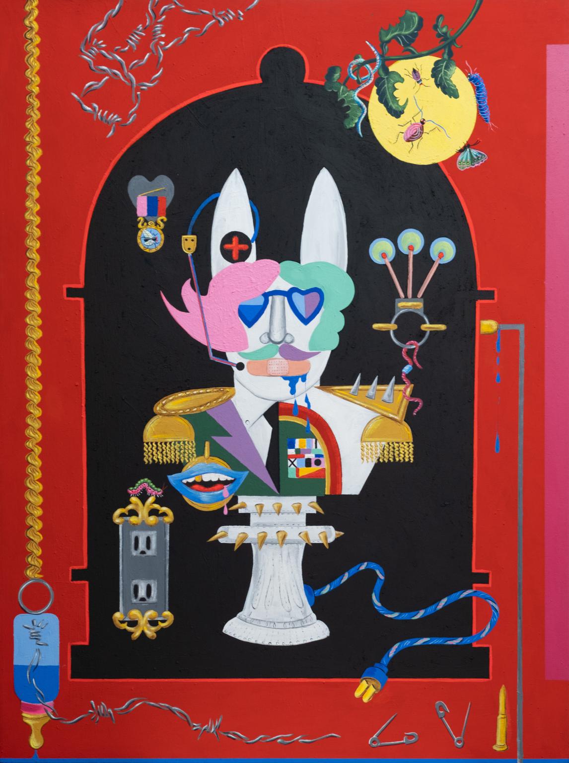 Timothy Siciliano, Drill de Pr&eacute;sentation avec Pertes Acceptables (Presentation Drill with Acceptable Losses), 2025, Acrylic, Flashe, spray paint, and Kremer Pigments on Canvas, 40 x 90 in.