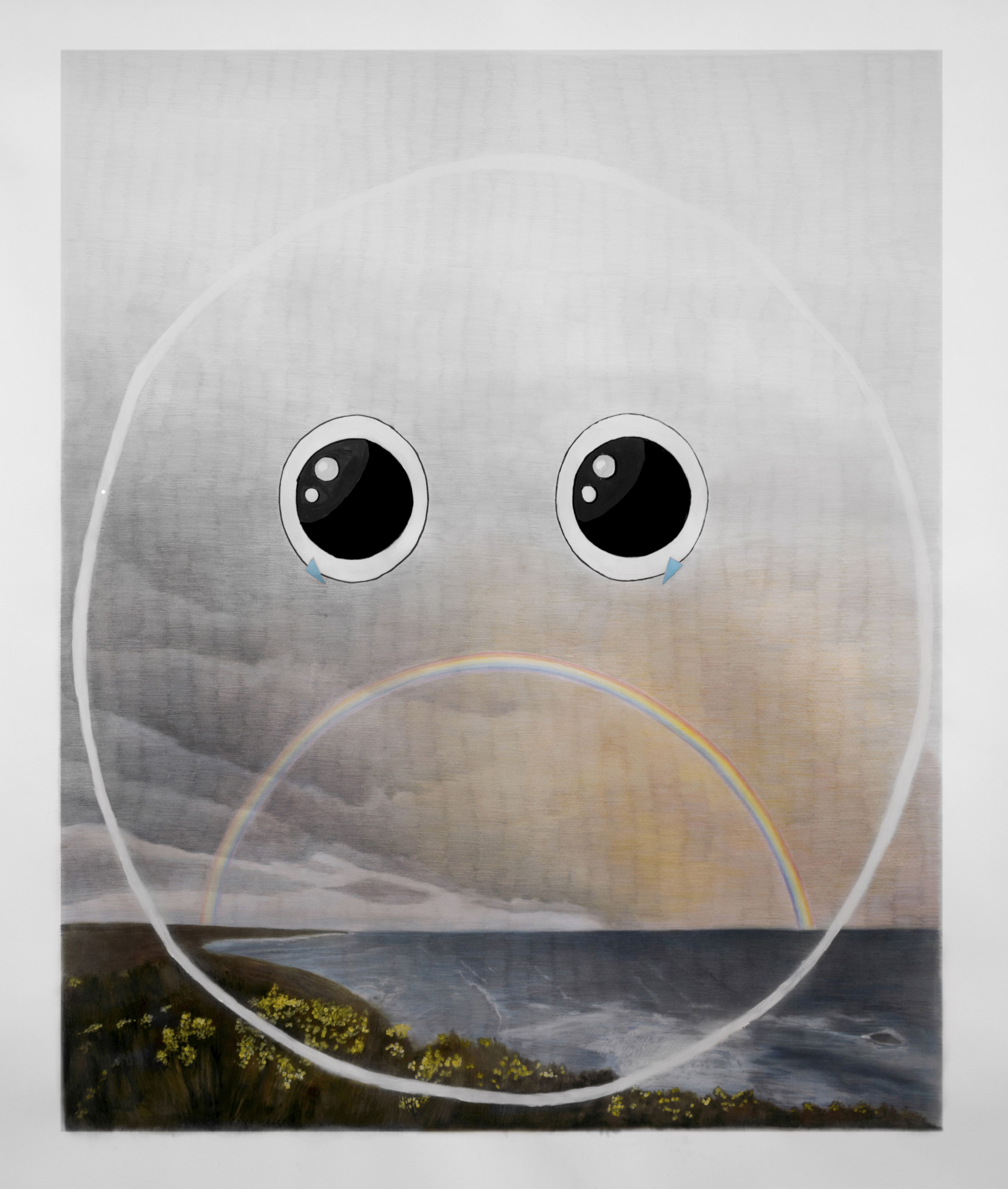 Why so sad Mr. rainbow?, pencil pastel acrylic colour pencils on paper, 170x 150 cm,2019
