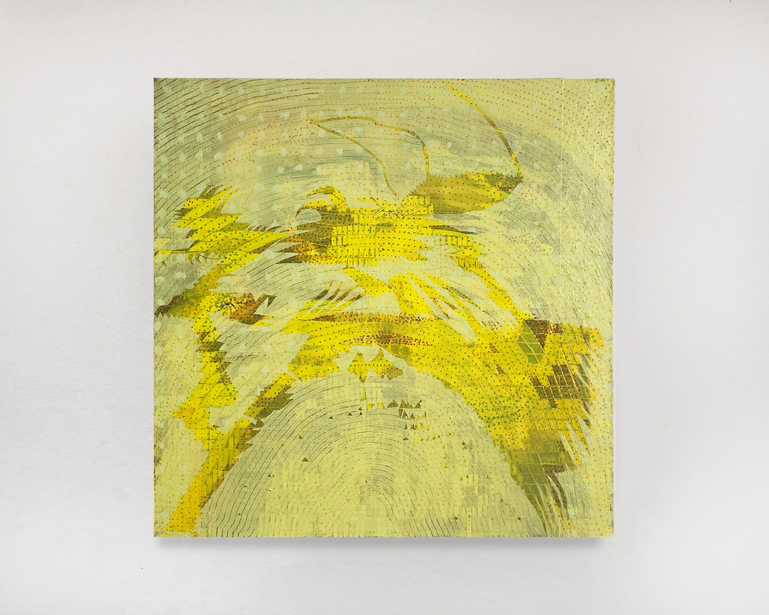 "Pray to a Rainbow," 2024, Paper, Press-on Vinyl Letters, Fibers, Oil paint on Canvas, 23.5” x 23.5”