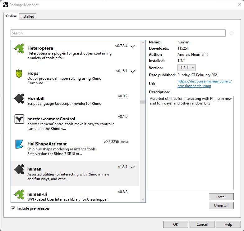 2. Search for your plug-in here. Install, then restart Rhino.