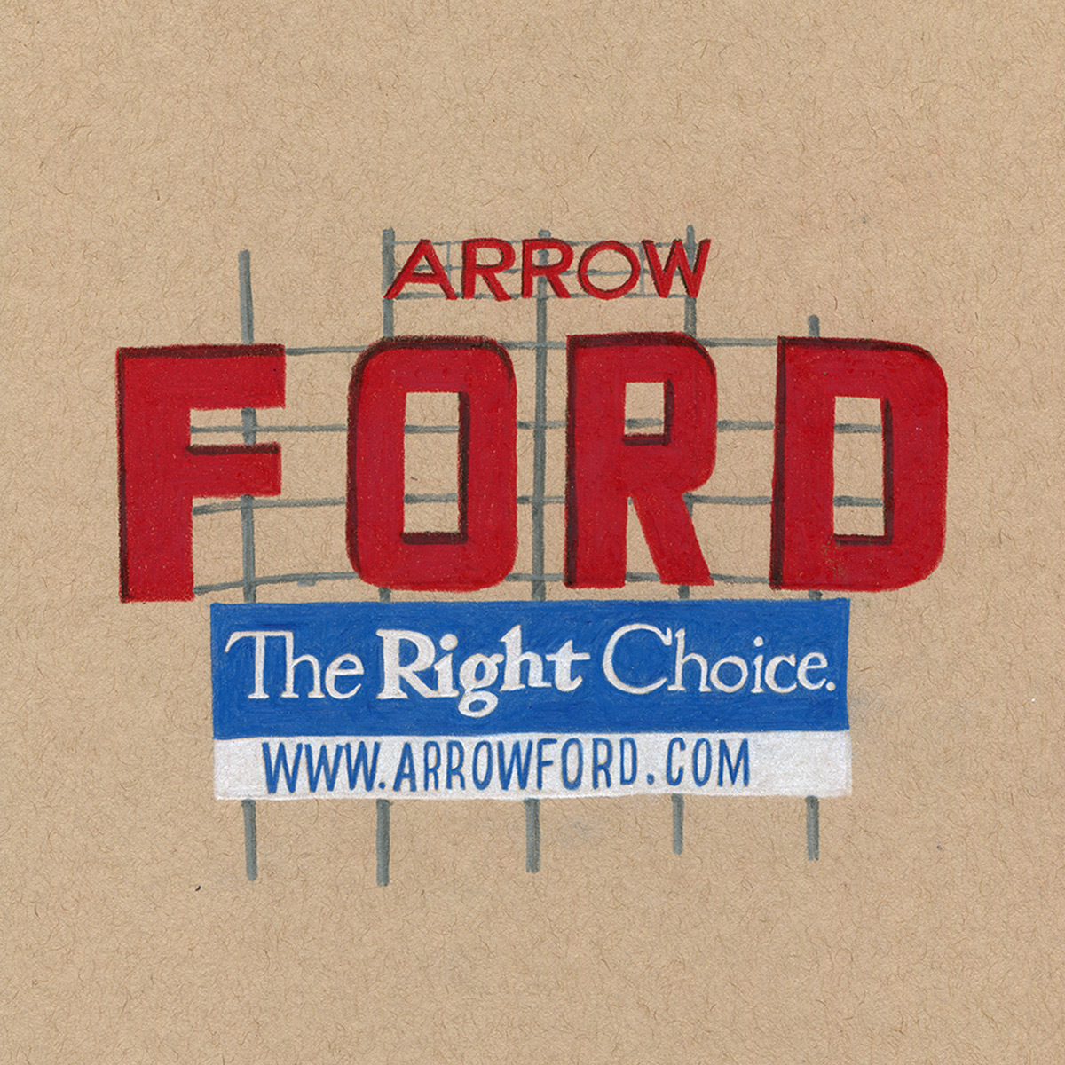 Arrow Ford Sign, colored pencil drawing on toned paper 8x8"