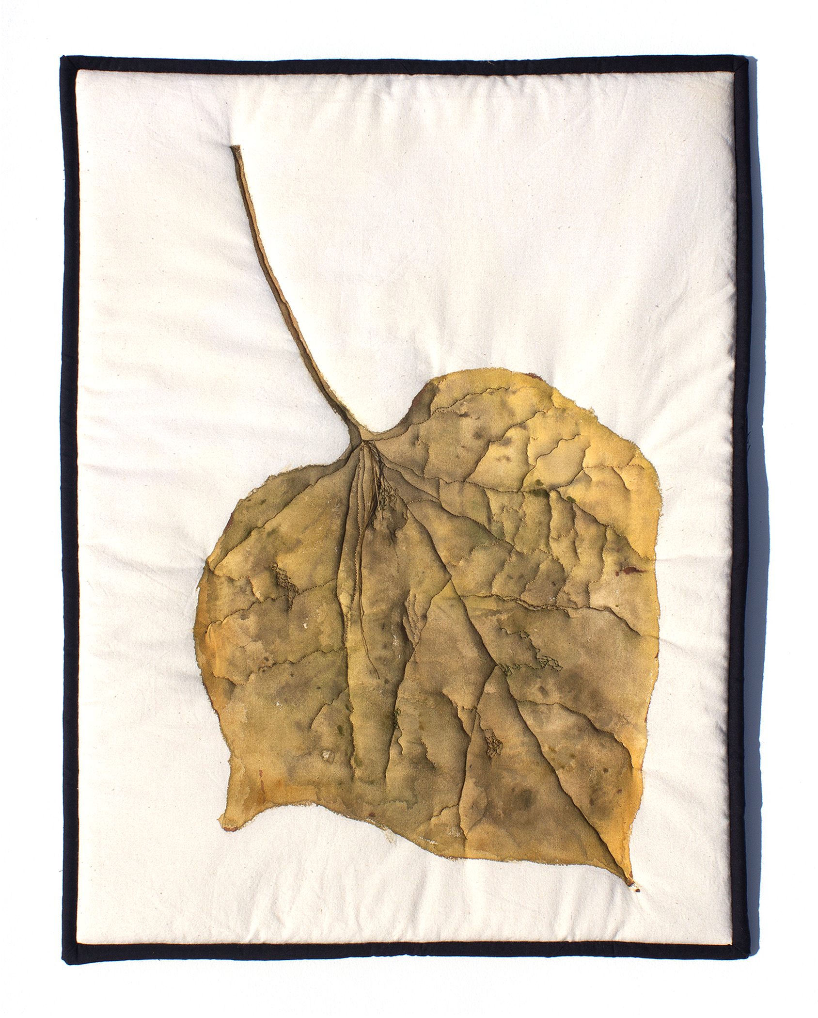Leaf, thread and acrylic on found fabric, 20 x 15.5 in., 2021