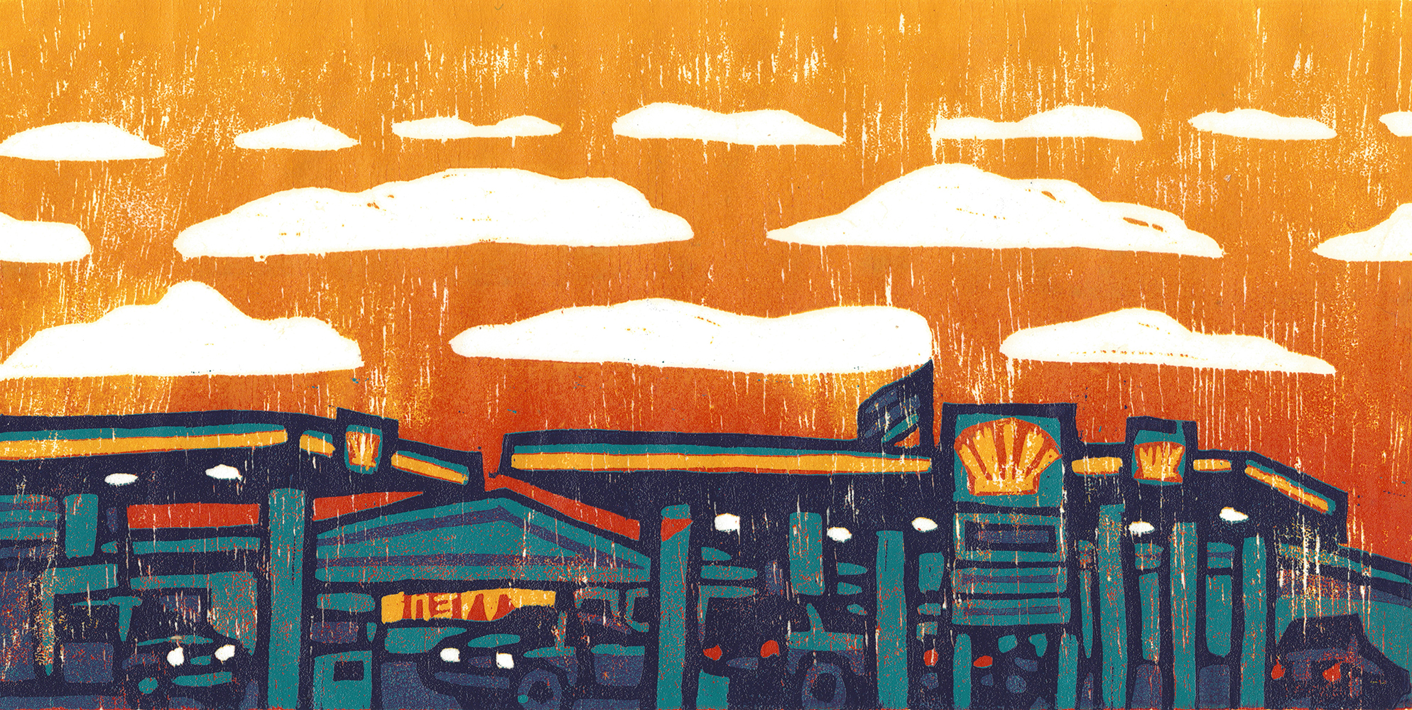 Three Hours From Home, five-layer reduction woodcut