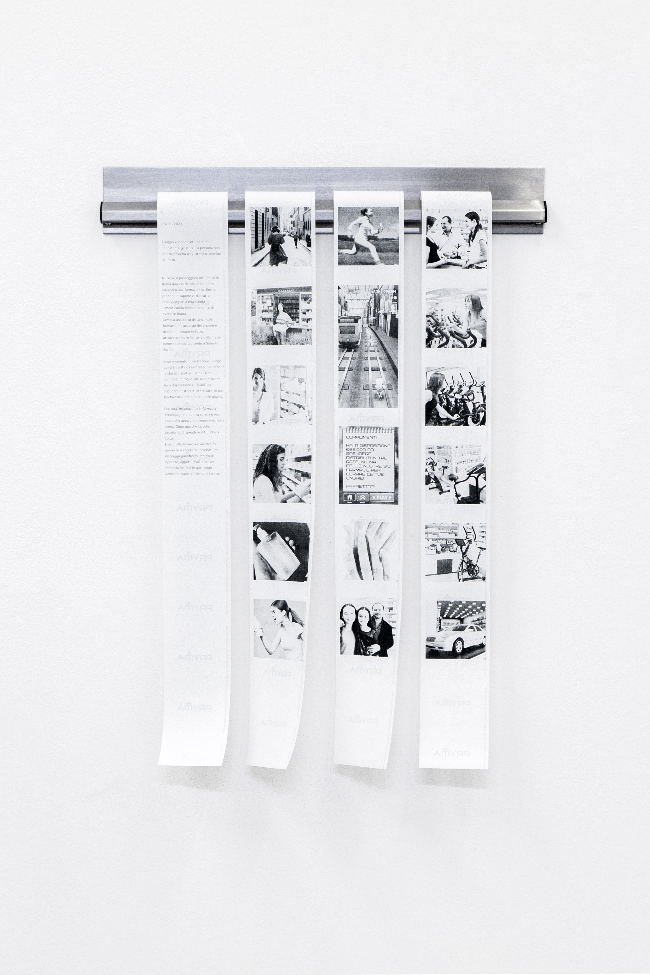 Camilla Gurgone, Process to shape the imaginary n°5, 2024, Print on thermal paper, slide ticket holder in stainless steel, cm 75x50