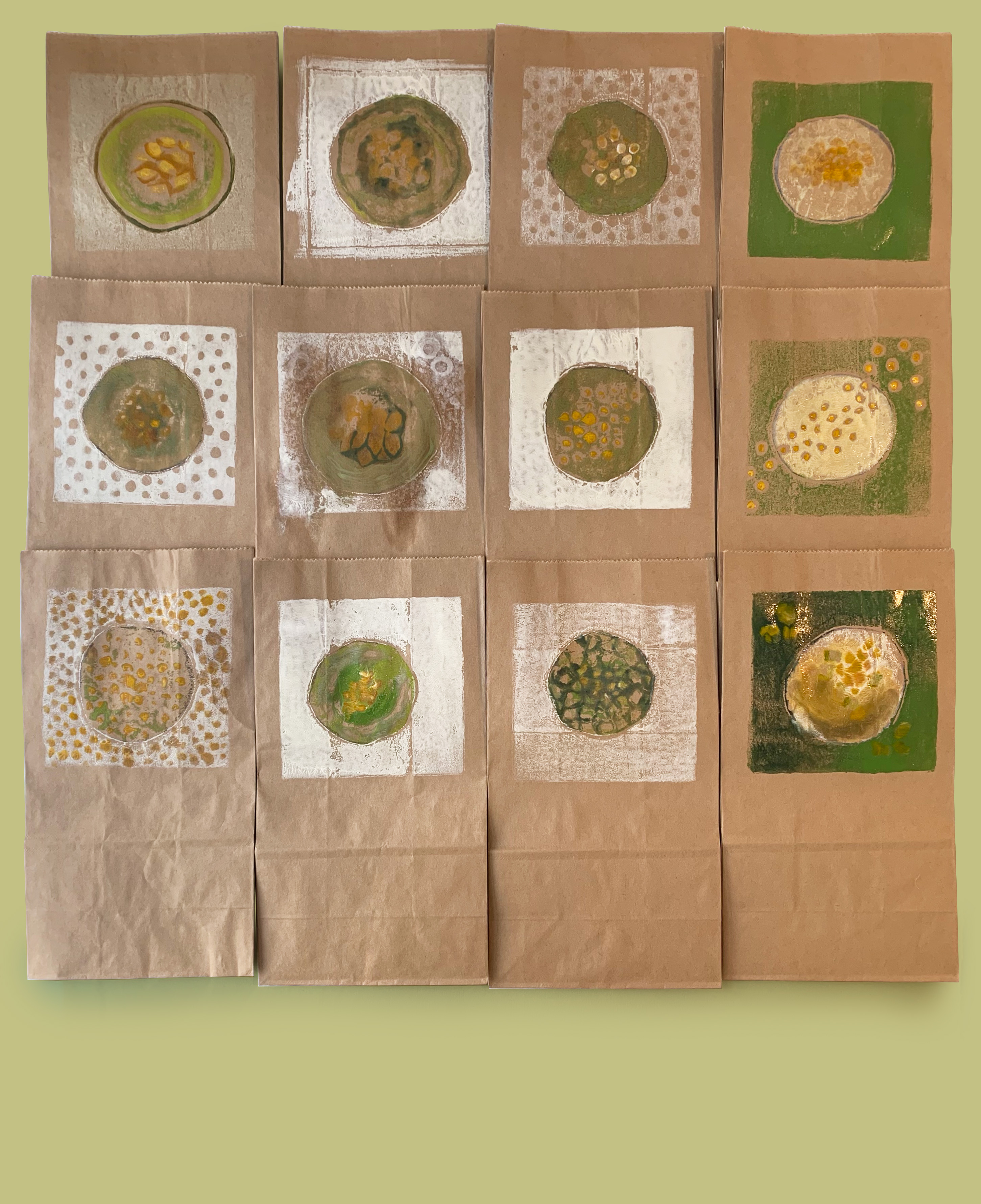 Melon Rot, Monoprint on lunchbags, 2021