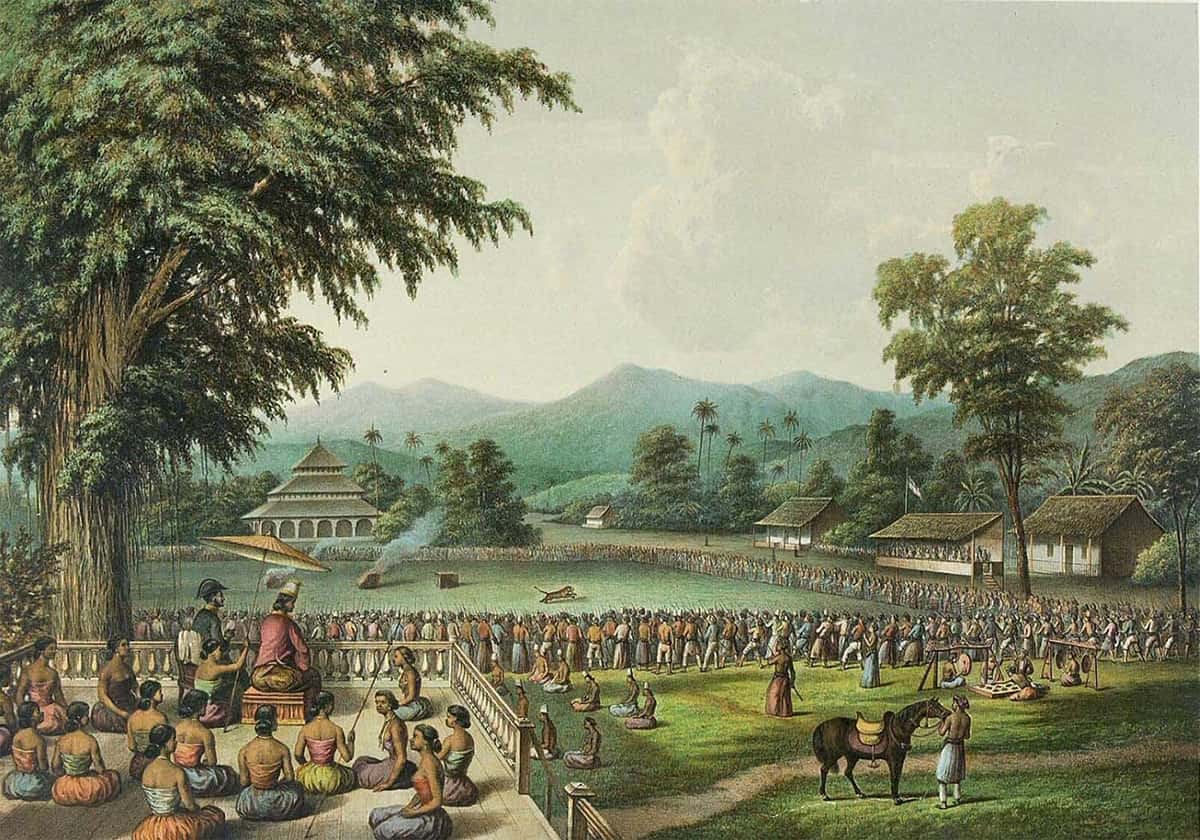 Color lithograph of a rampok macan (tiger fight) in a Javanese court, after a drawing by L.H.W.M. de Stuers. From De Indische Archipel, The Hague, 1876.