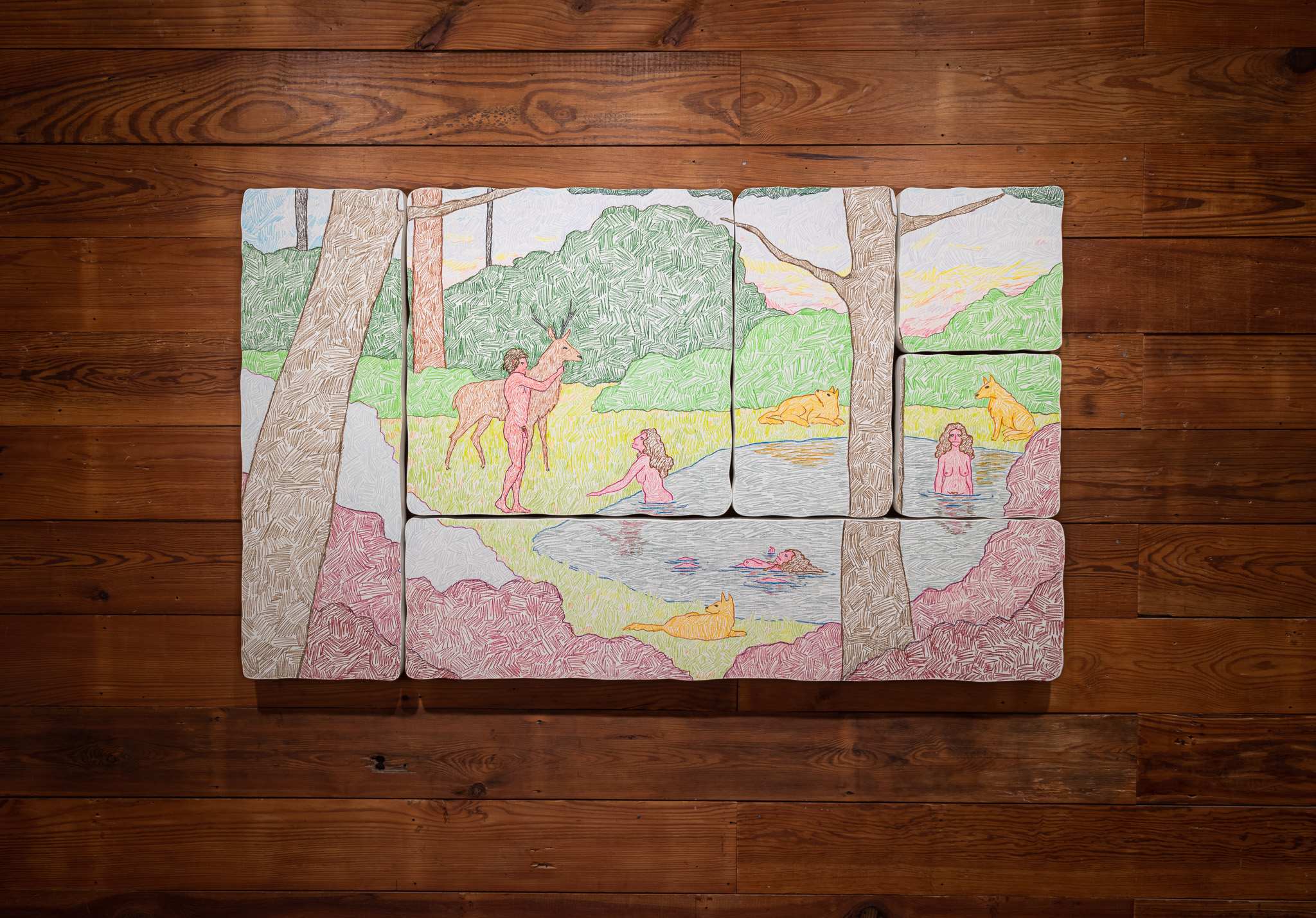 The Meeting  2021, 3’ x 5 x 2.5”, color pencil and crayon on panel