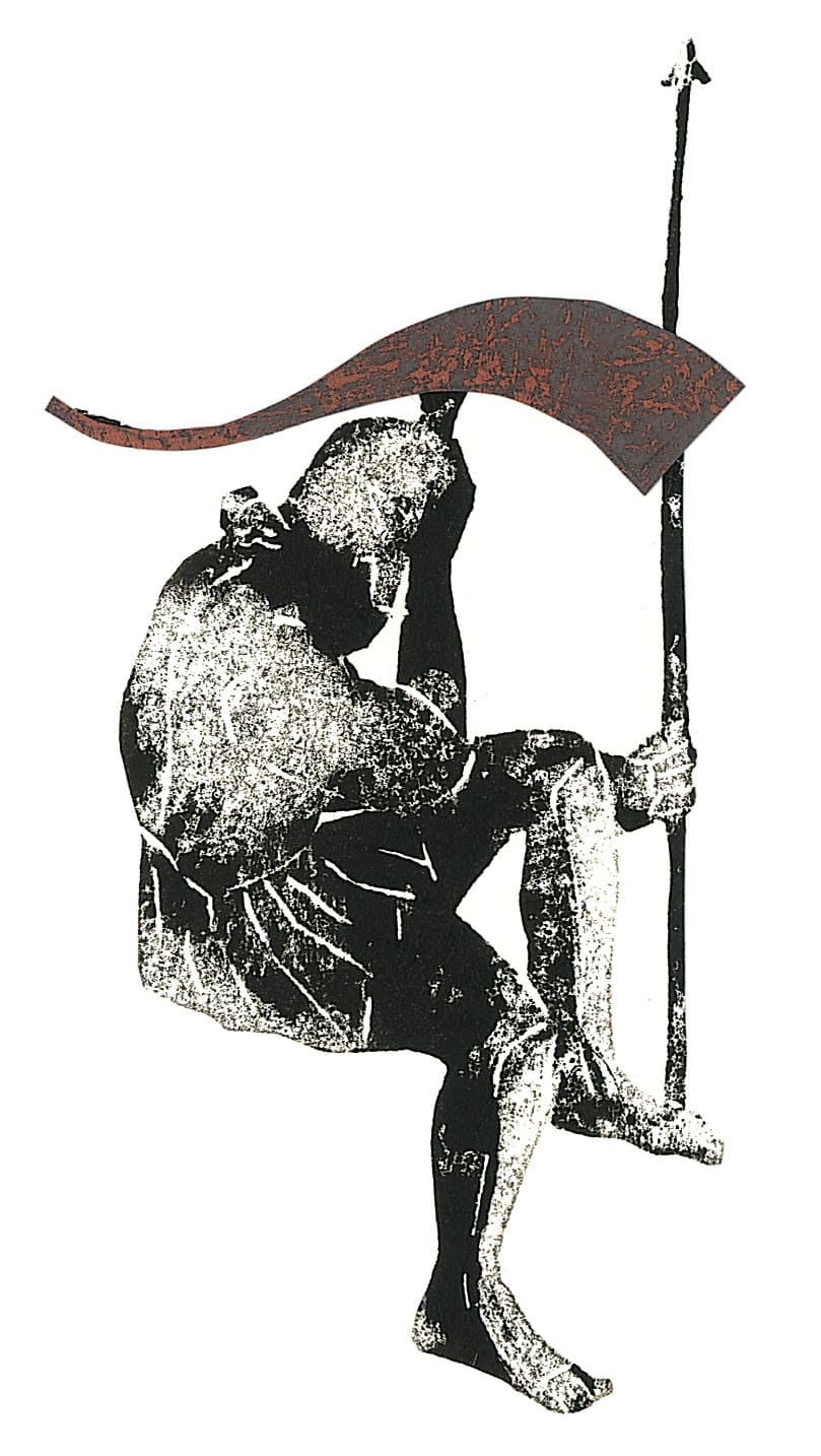 Achilles LamentLinocut, printed with oil paint, collage elementsSerie: The saga of Troy's fall/Text: Franz FühmannPublisher: Hinstorff Verlag, Rostock, 2011