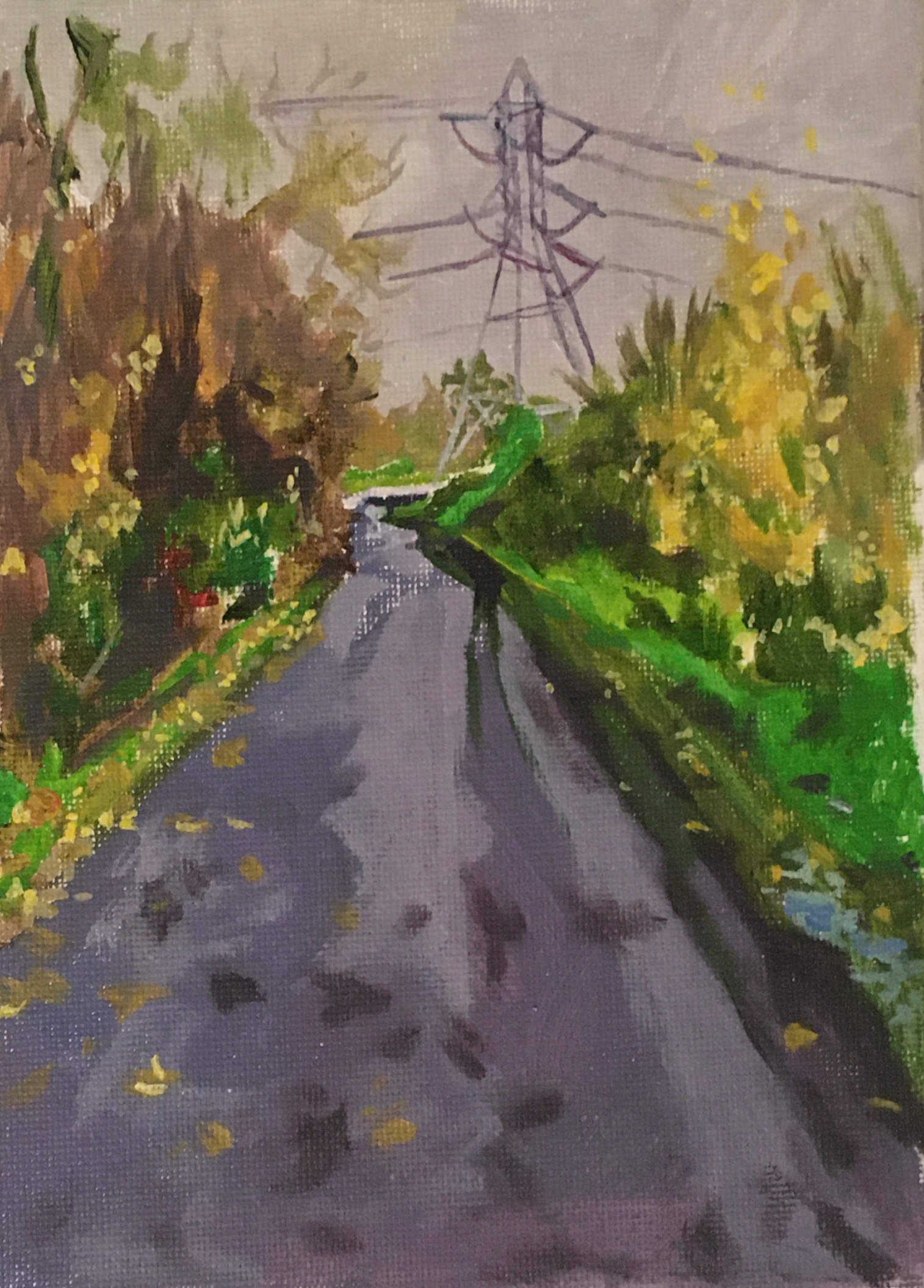 Hackney Marshes on the Way to Friends Bridge (2020), acrylic on canvas board, 13x18cm