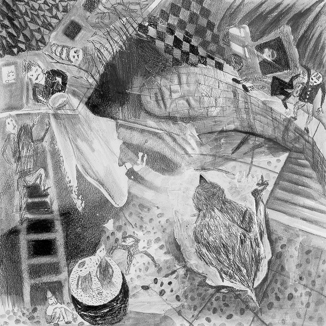 옥상 위의 얼음 새, 2018, 종이에 흑연, 혼합재료, 30x30cm