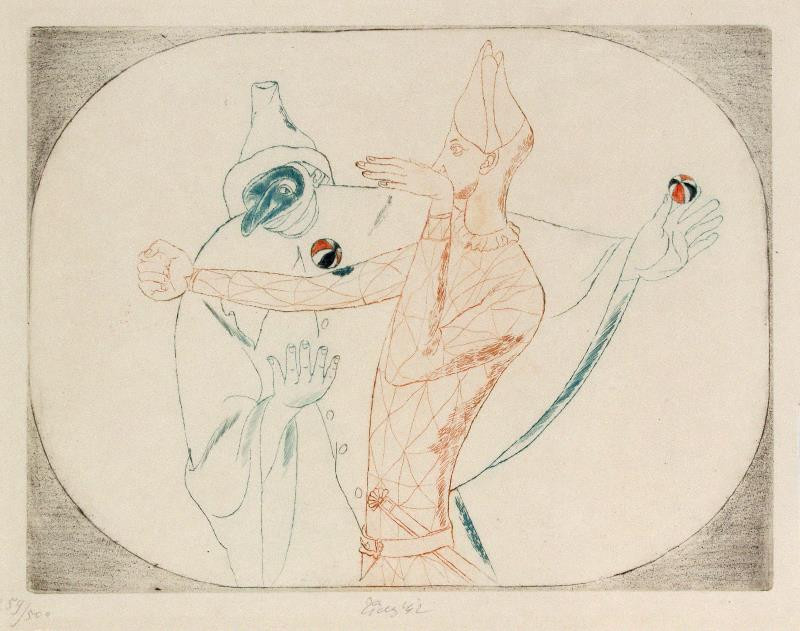 František Tichý, Commedia dell`arte, 1942, tříbarevná suchá jehla, Fotografie: Moravská galerie Brno