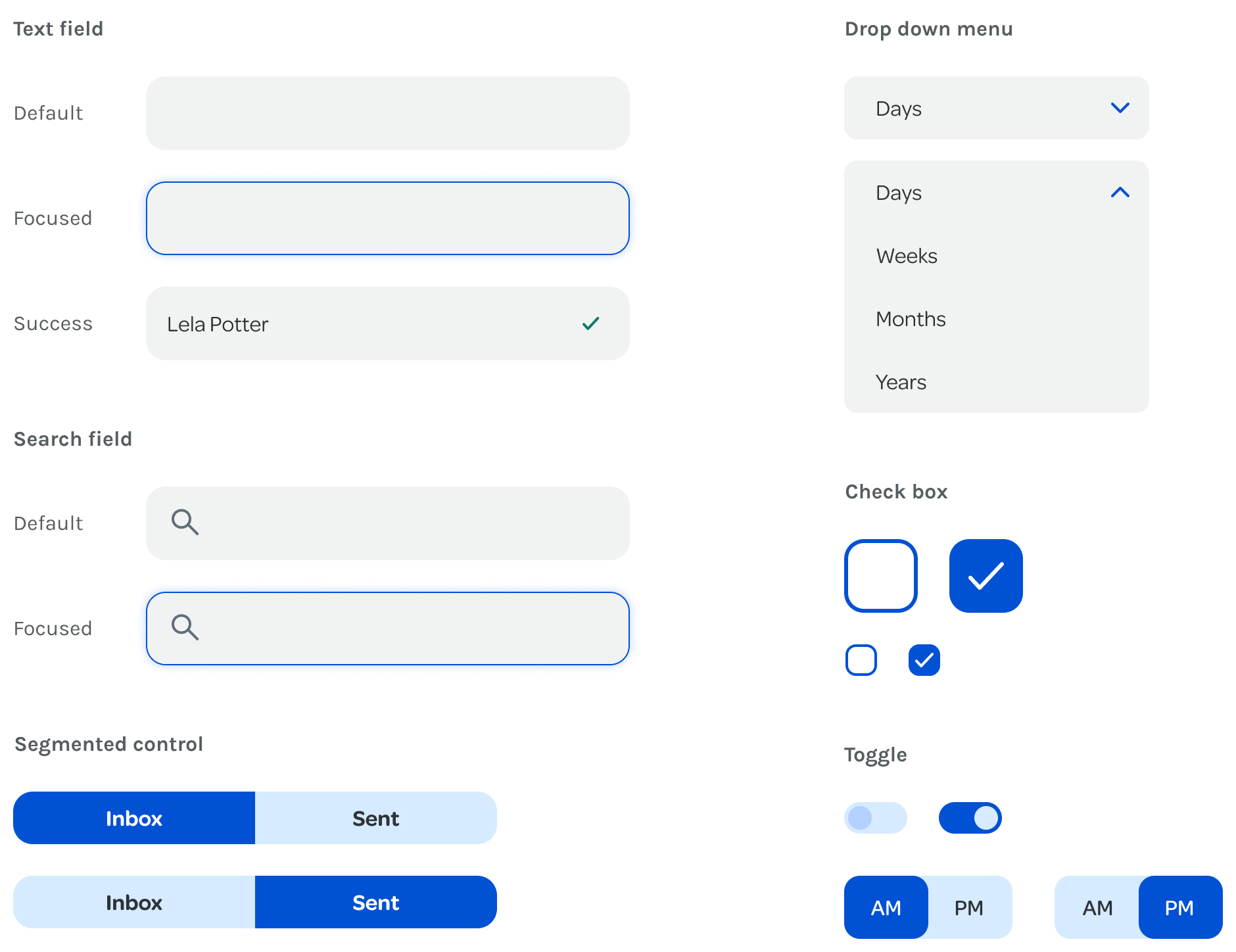 States of text field, search field, segmented control, drop-down menu, checkboxes and switches.