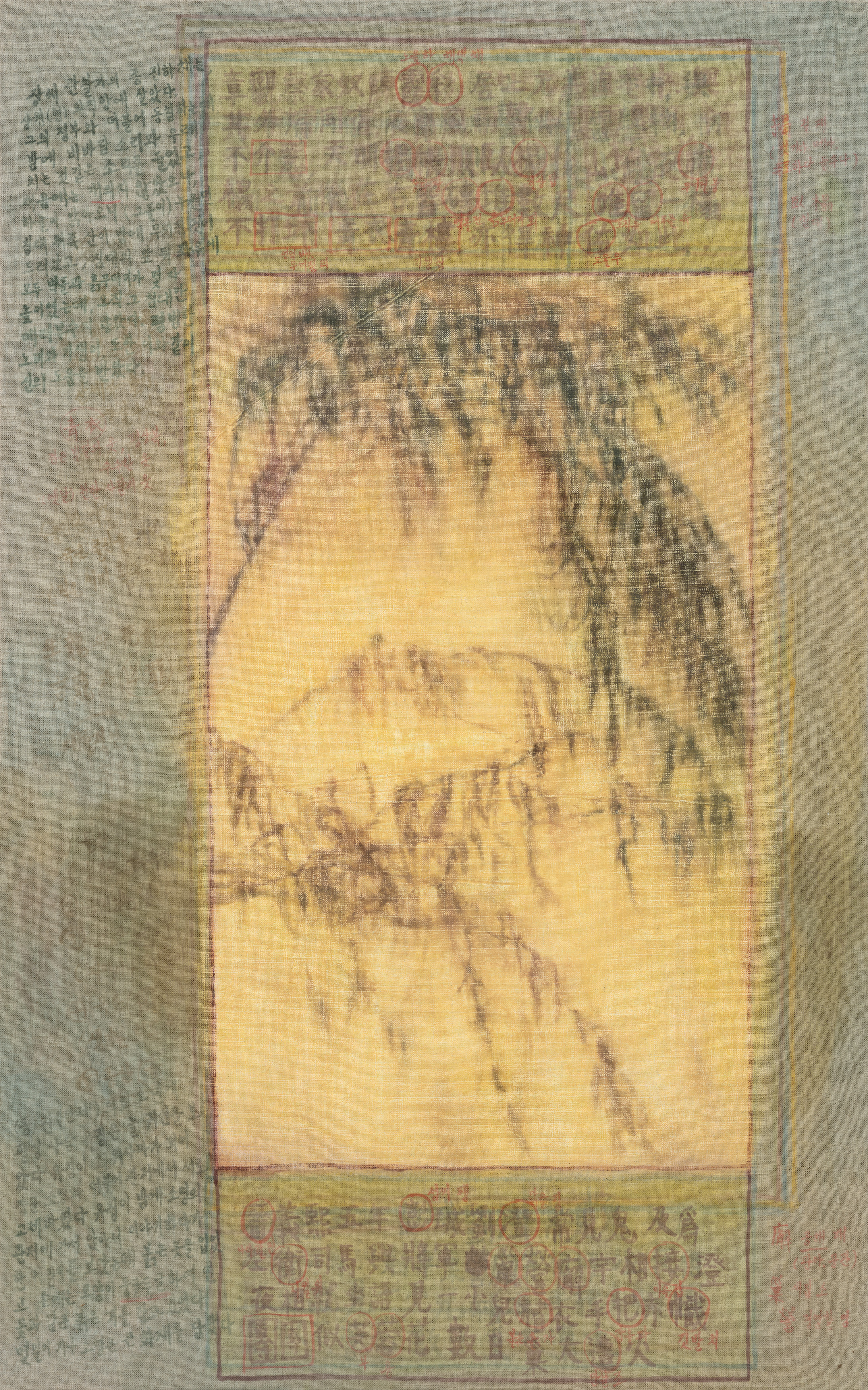 진하채와 유징의 운과 불운 The fortunes and misfortunes of Chen Xiacai and Liu Cheng / 2025 / watercolor, oil on linen / 116x72.5cm    