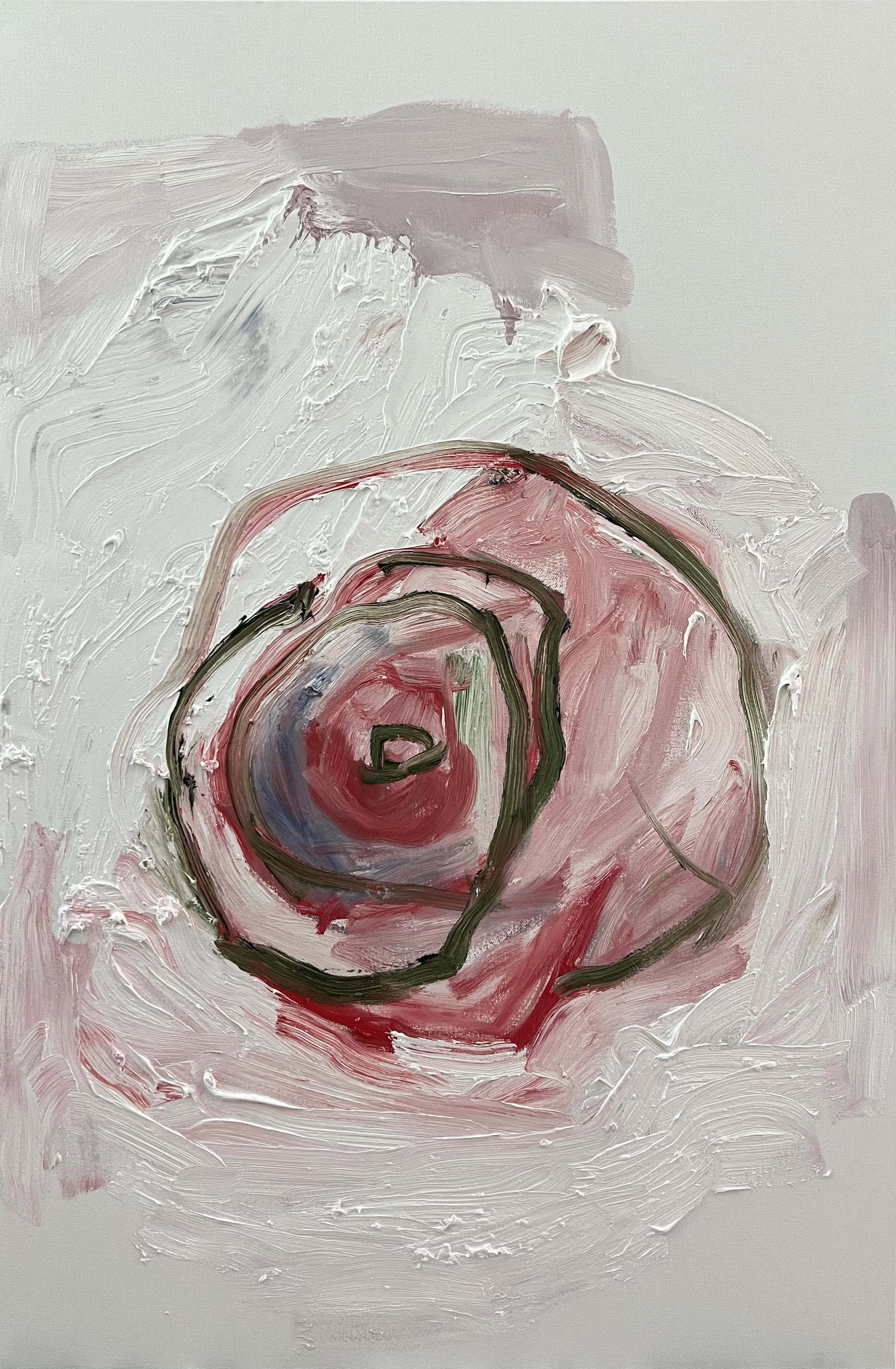Bullseye camellia #1, 2022, oil on canvas, 36"x24" in