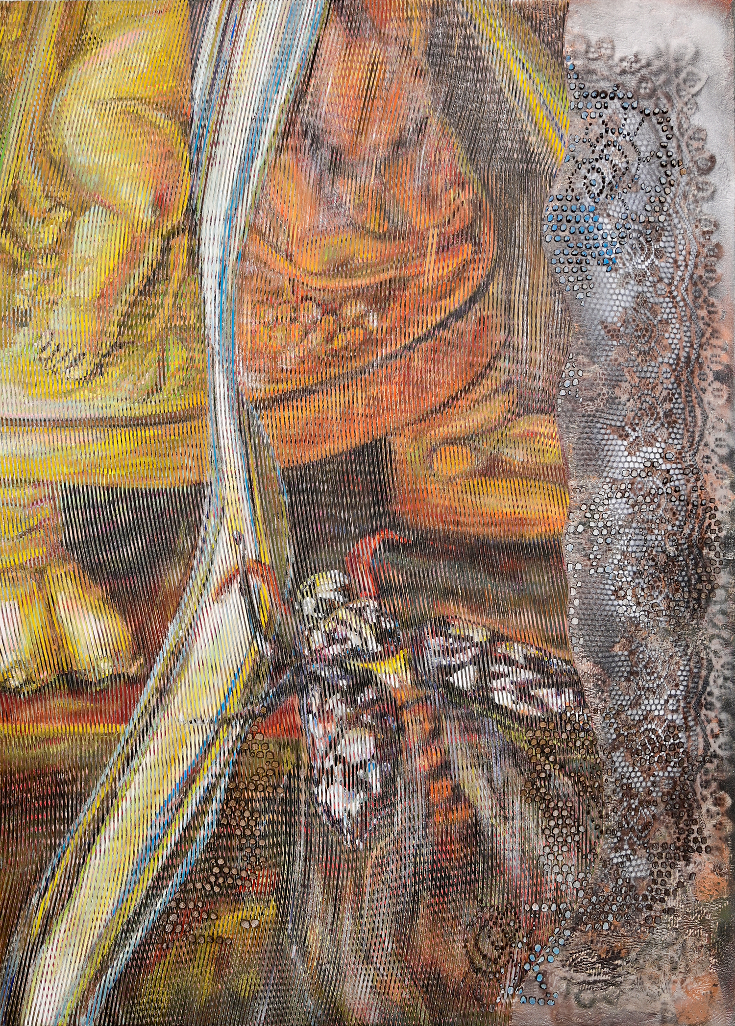 Kim Benson, Vesper (still life), 2022, oil and enamel on canvas, 64" x 48"