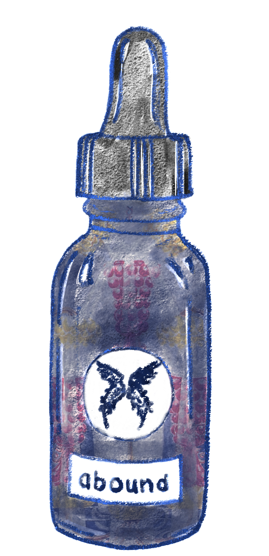 vero's illustration of a blue-tinted glass dropper bottle with butterfly logo and label "abound" and the image of 3 of cups from thoth tarot contained within the translucent bottle