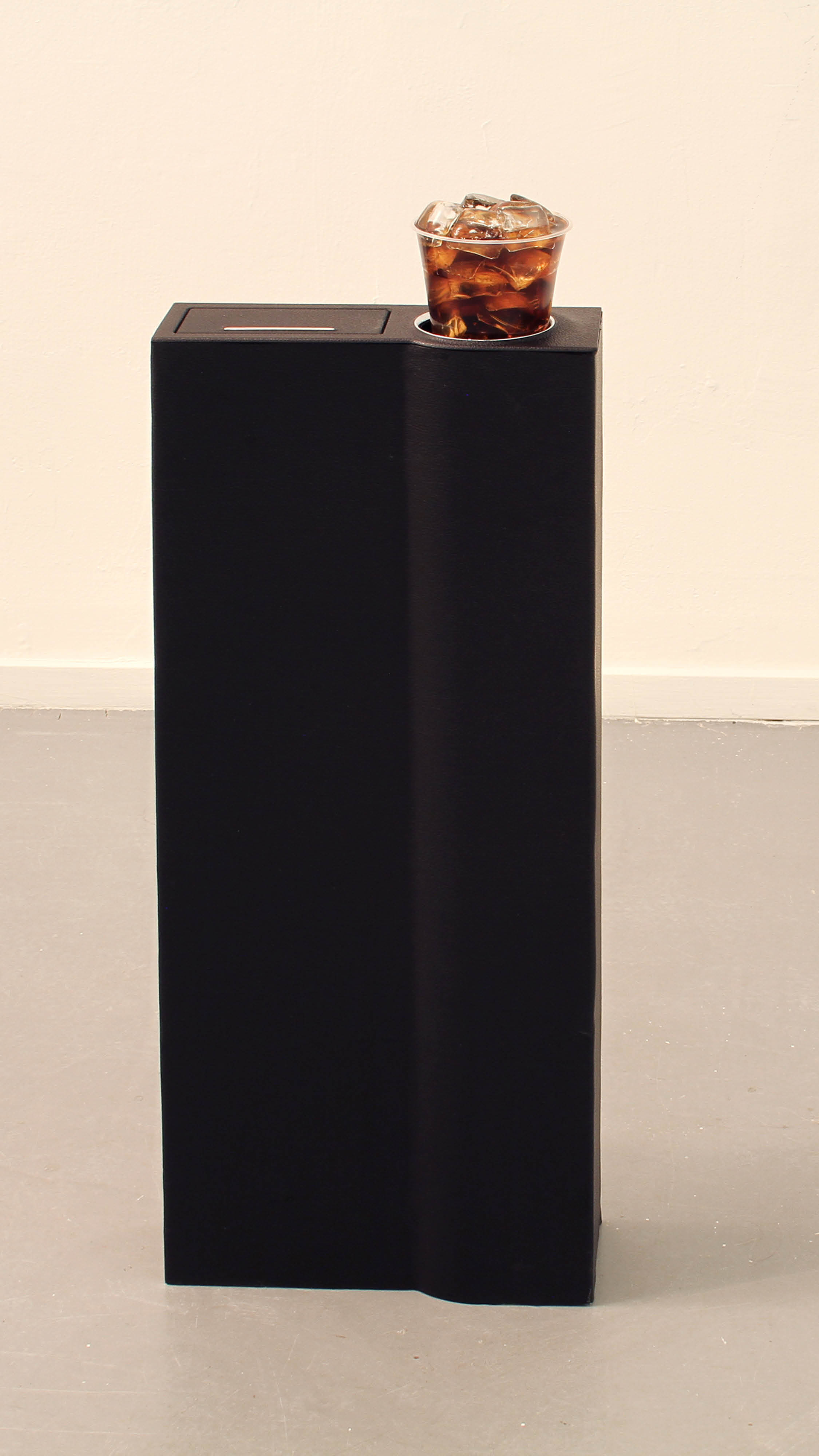 Cola & Glass, 2014, Glass Cubes, Plastic Cup, Coca-Cola, Air Pump, Wood Stand, Fabricated Leather, Glass Stand, 77×5×14 cm ['Gamblers’ Breath', The Kibbutz Art Gallery, Tel-Aviv]