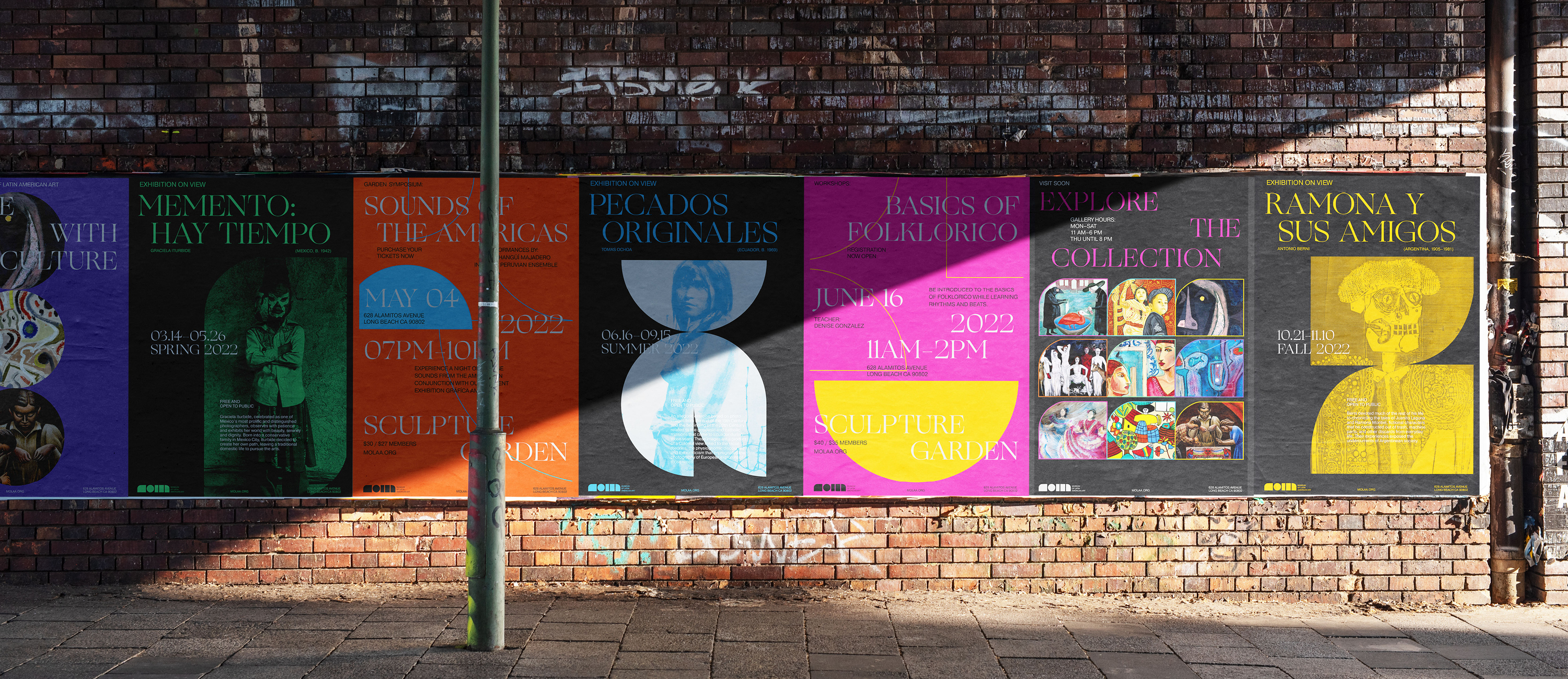 A series of museum posters using the full spectrum of the system. We see the recognizable shapes found in the logo, the vibrant colors inspired by the textiles found in Latino culture, and the friendly typography.