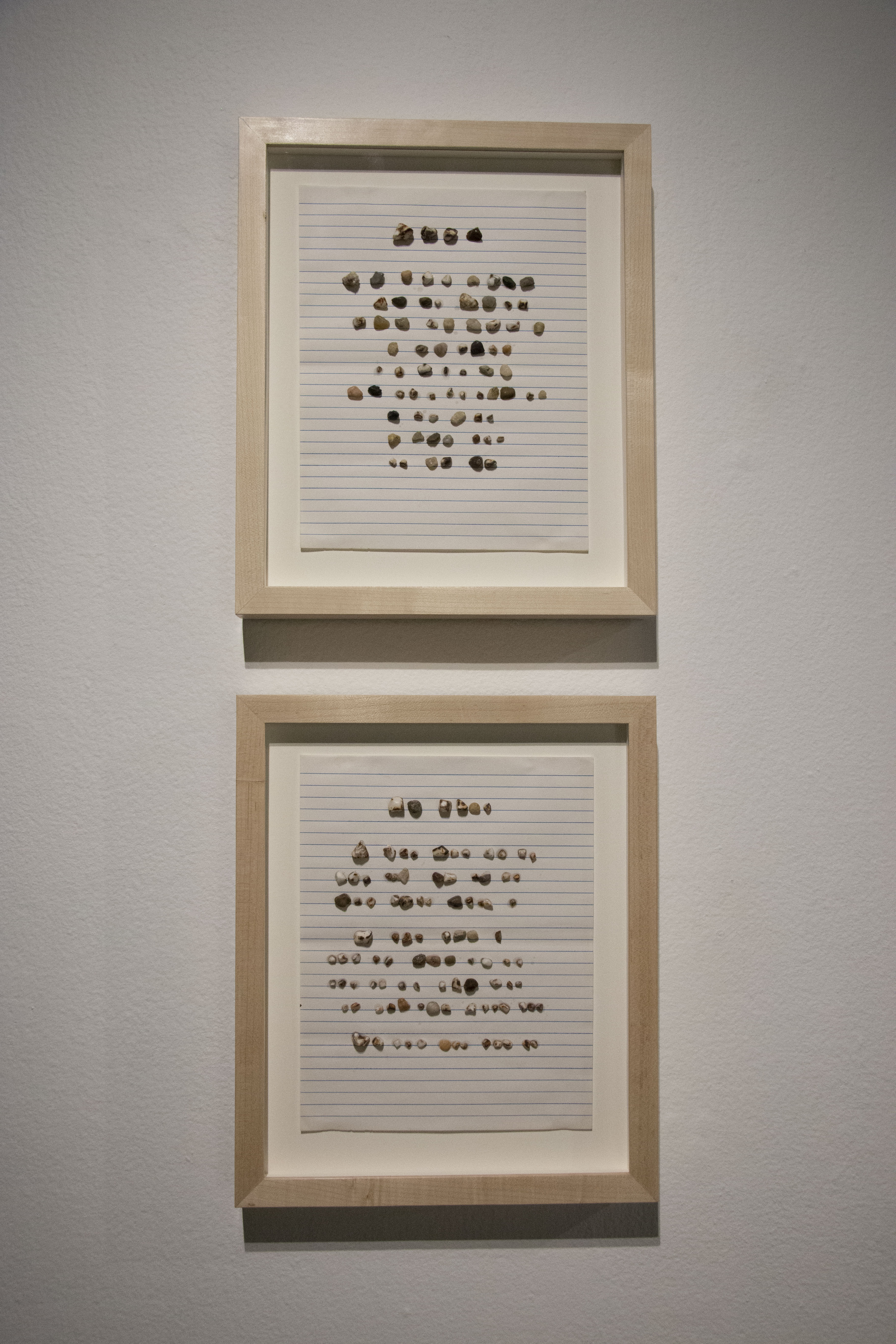ode to reconstruct the plot of compounded longing, I and II, 2019 letter writing stationery, rocks, and gallbladder stones 11 x 13 1/4  inches (framed)