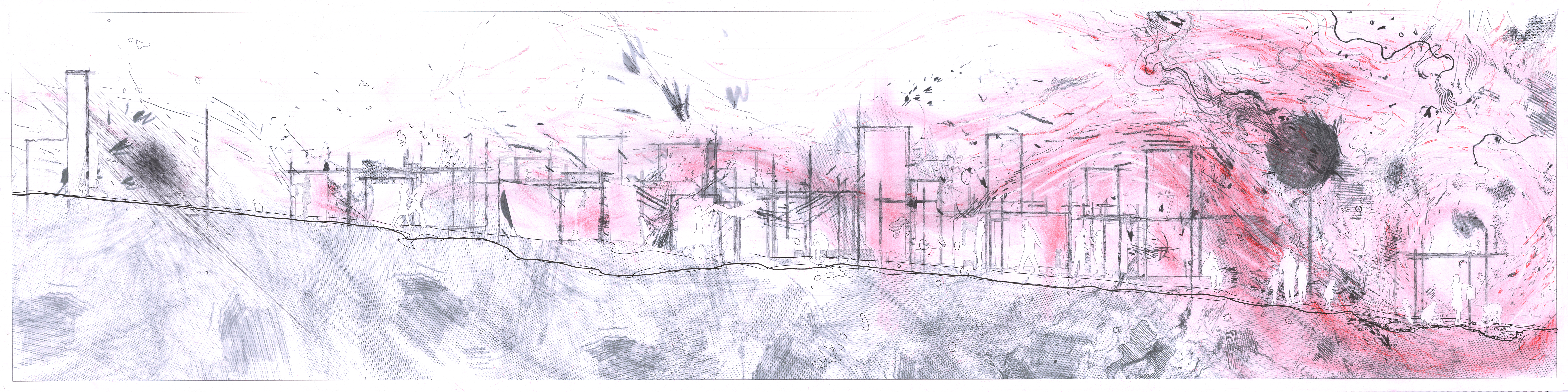 [1:25 Section] Graphite, coloured pencil, pen and pastel chalk on paper, 1765mm x 450 mm.