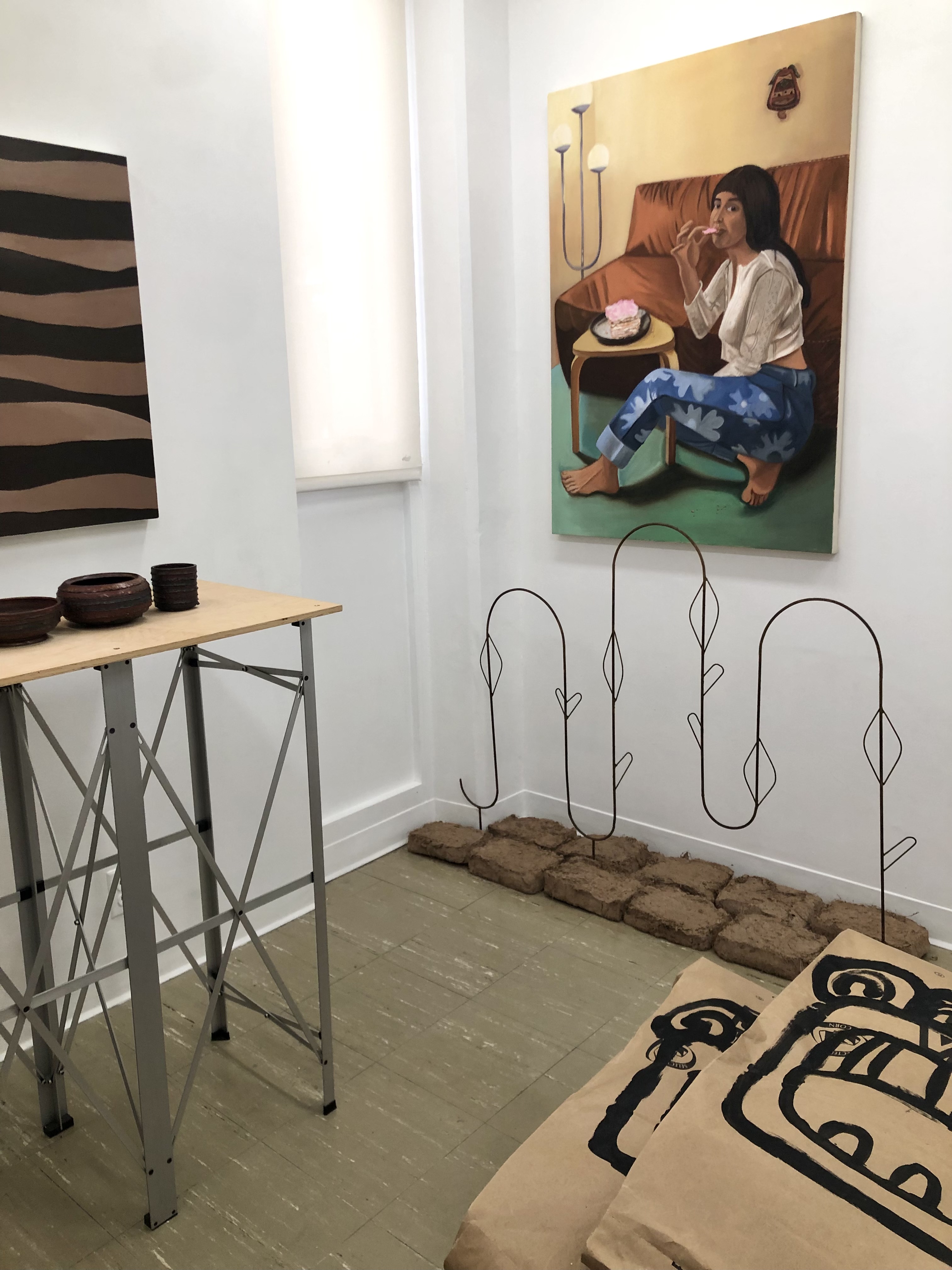 Mil Hojas | Katie Mejía Painting (2024); West Adams | Katie Mejía Steel rods, dirt mixed with clay powder (2024);