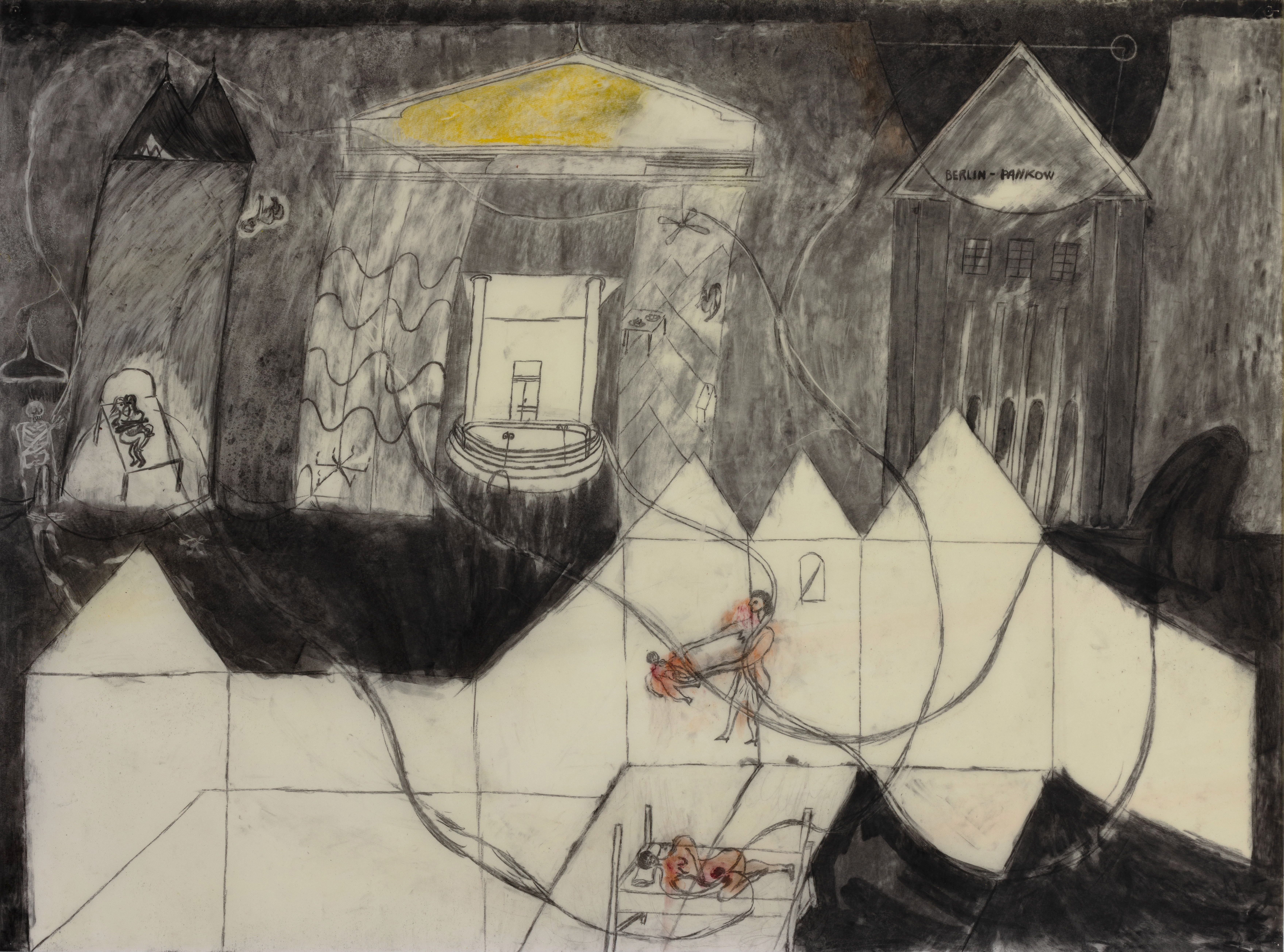 A Small Piece of Bone Falls off, 120 x 90 cm, charcoal, pastel, wax on transparent paper, 2023