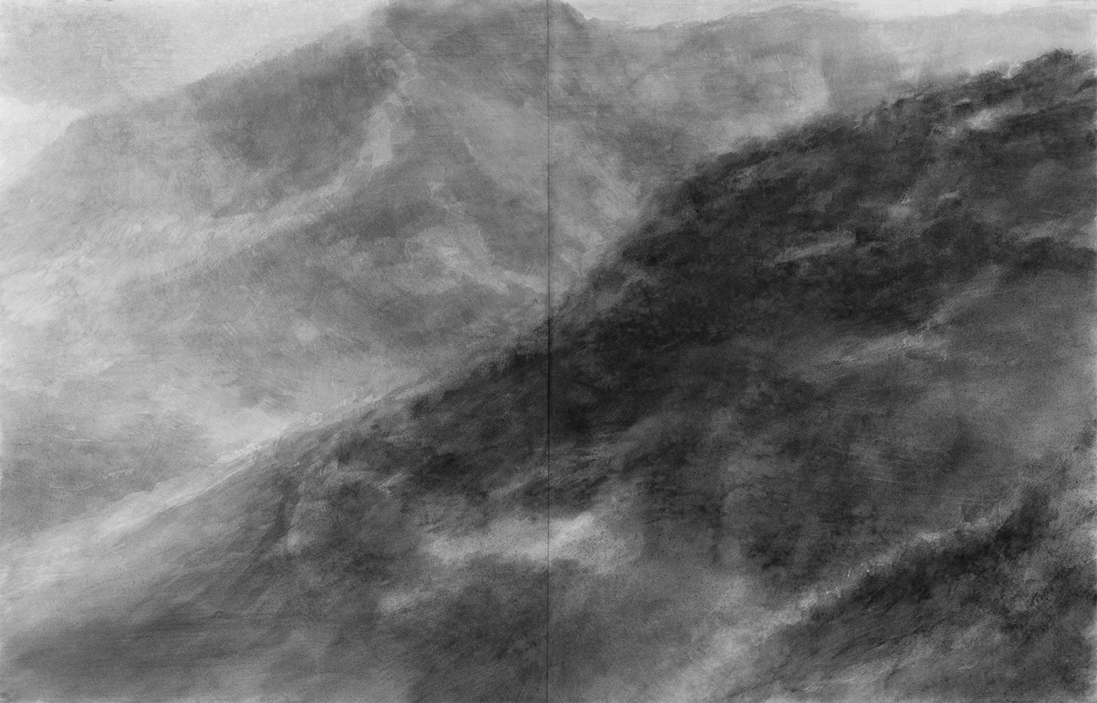 Versants, brumes, pluiegouache sur papier113 x 178 cm, 2024